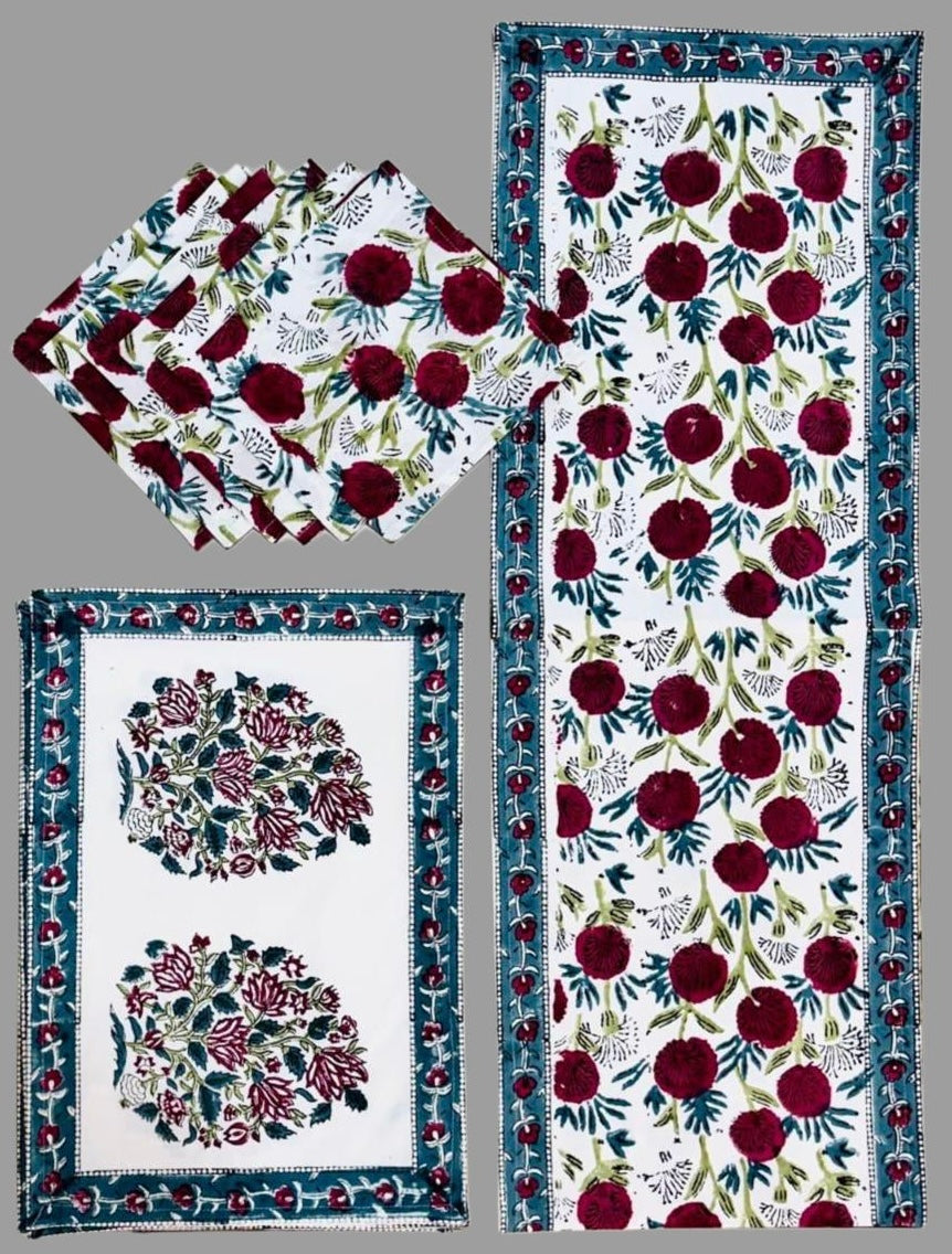 Pure cotton hand block printed placemats, runner and napkin combo for 6 seater dining table