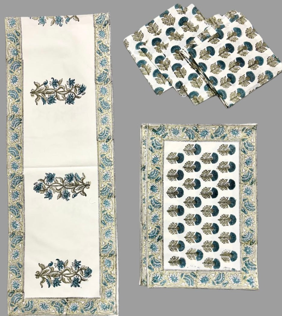 Pure cotton hand block printed placemats, runner and napkin combo for 6 seater dining table