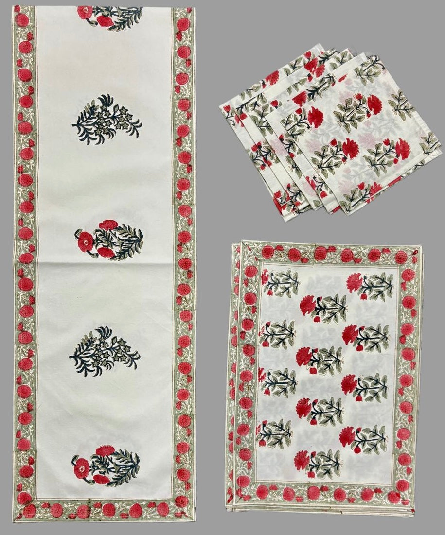 Pure cotton hand block printed placemats, runner and napkin combo for 6 seater dining table