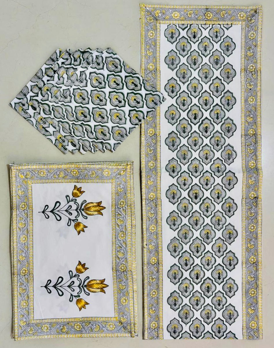 Pure cotton hand block printed placemats, runner and napkin combo for 6 seater dining table