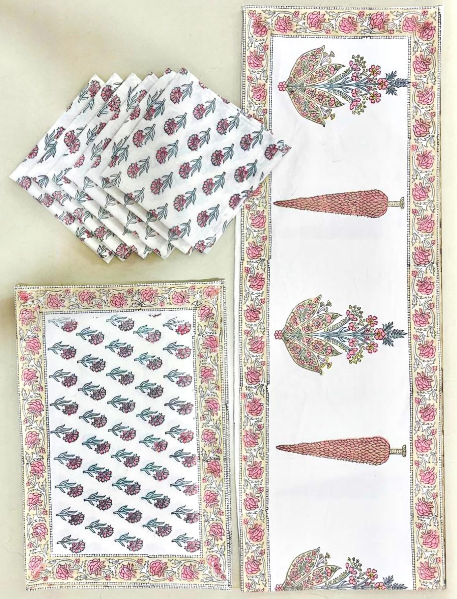 Pure cotton hand block printed placemats, runner and napkin combo for 6 seater dining table