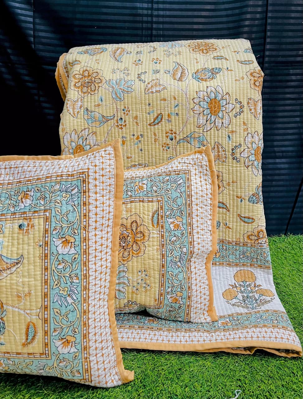 Pure cotton quilted reversible double bedcovers with 2 quilted pillow covers (90x108 inches)