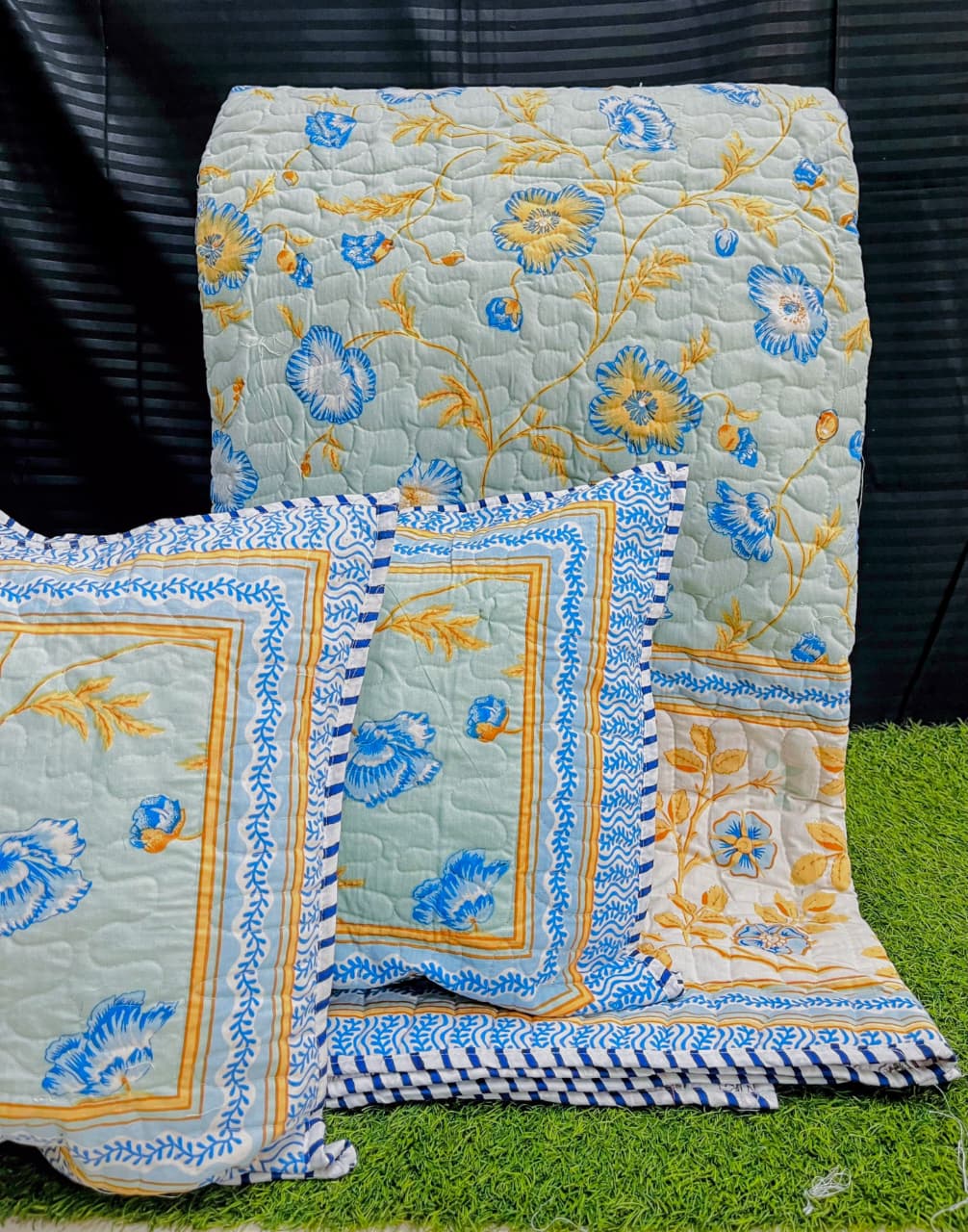 Pure cotton quilted reversible double bedcovers with 2 quilted pillow covers (90x108 inches)