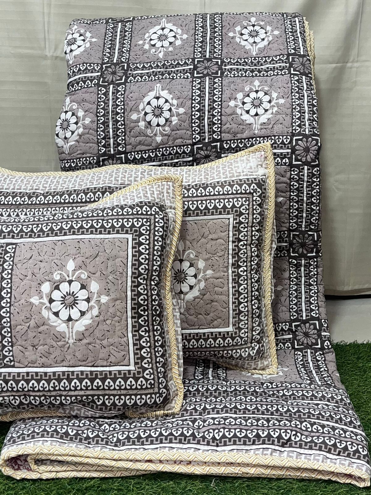 Pure cotton quilted reversible double bedcovers with 2 quilted pillow covers (90x108 inches)