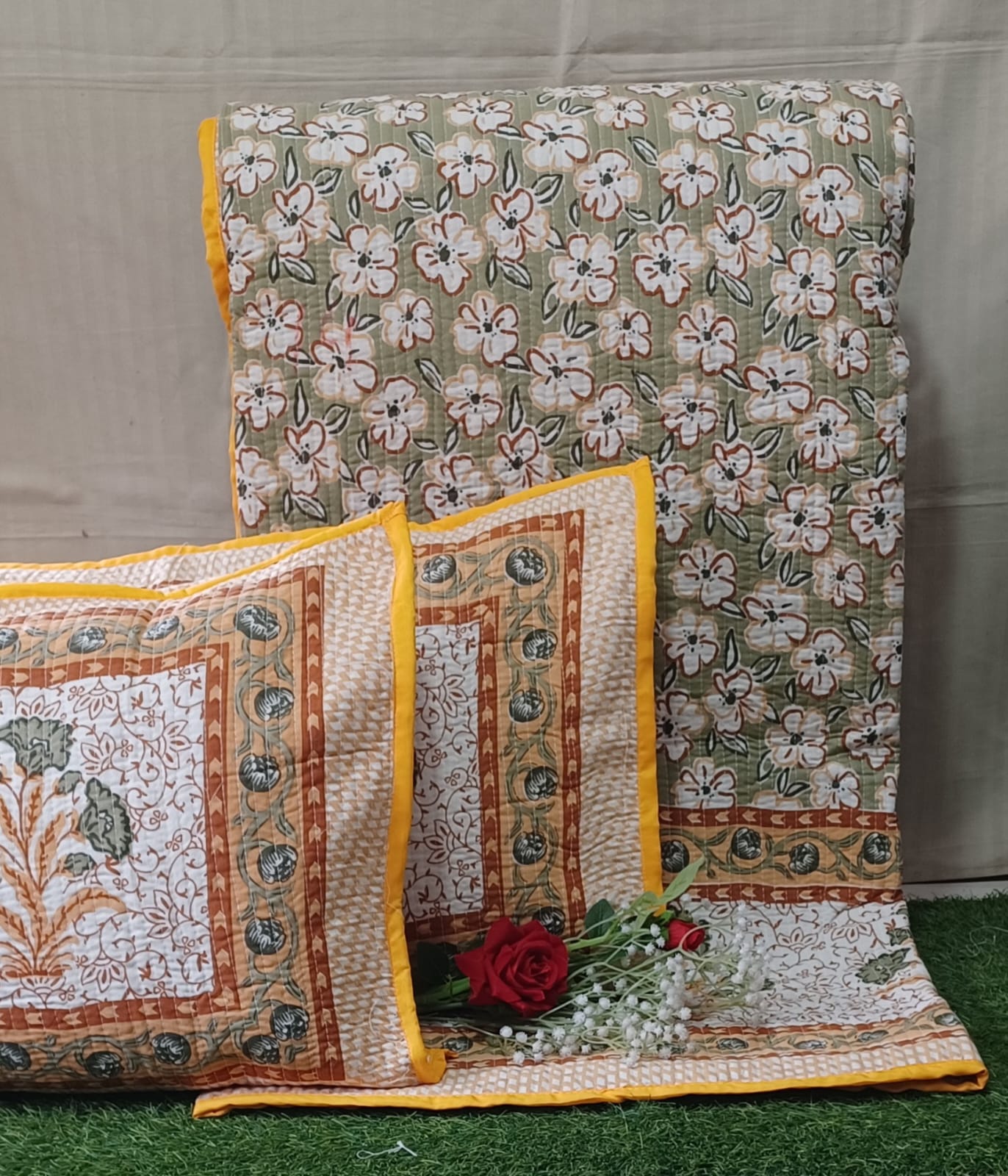 Pure cotton quilted bedcovers with two quilted pillow covers (90x108 inches)