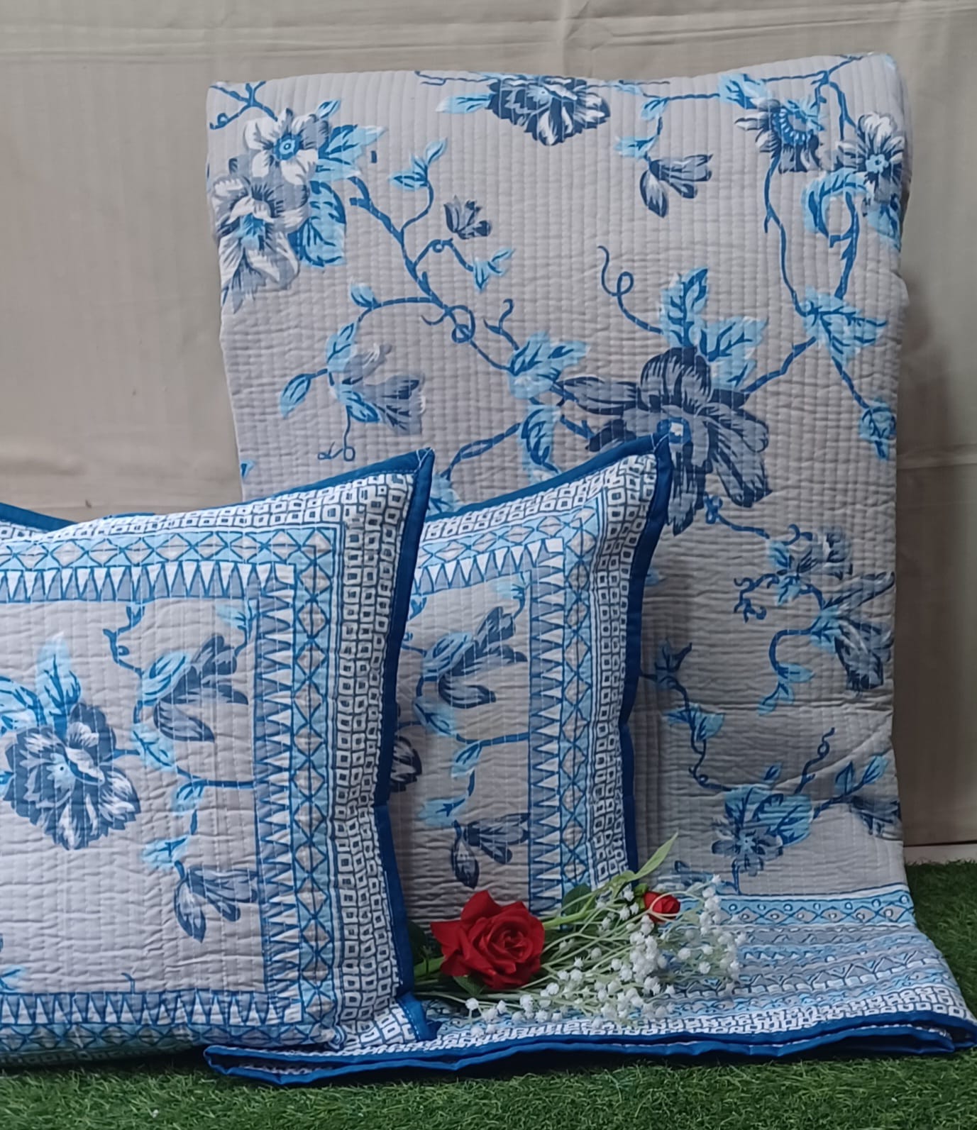 Pure cotton quilted bedcovers with two quilted pillow covers (90x108 inches)