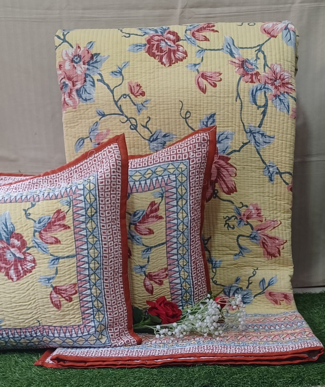 Pure cotton quilted bedcovers with two quilted pillow covers (90x108 inches)