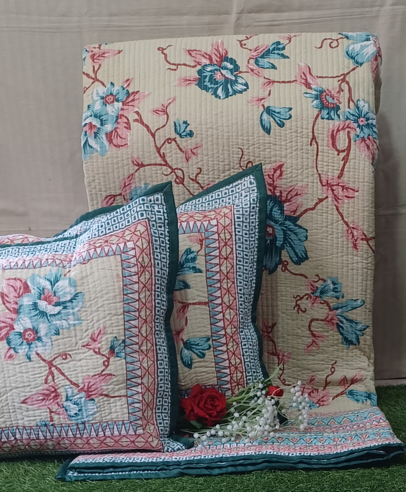 Pure cotton quilted bedcovers with two quilted pillow covers (90x108 inches)