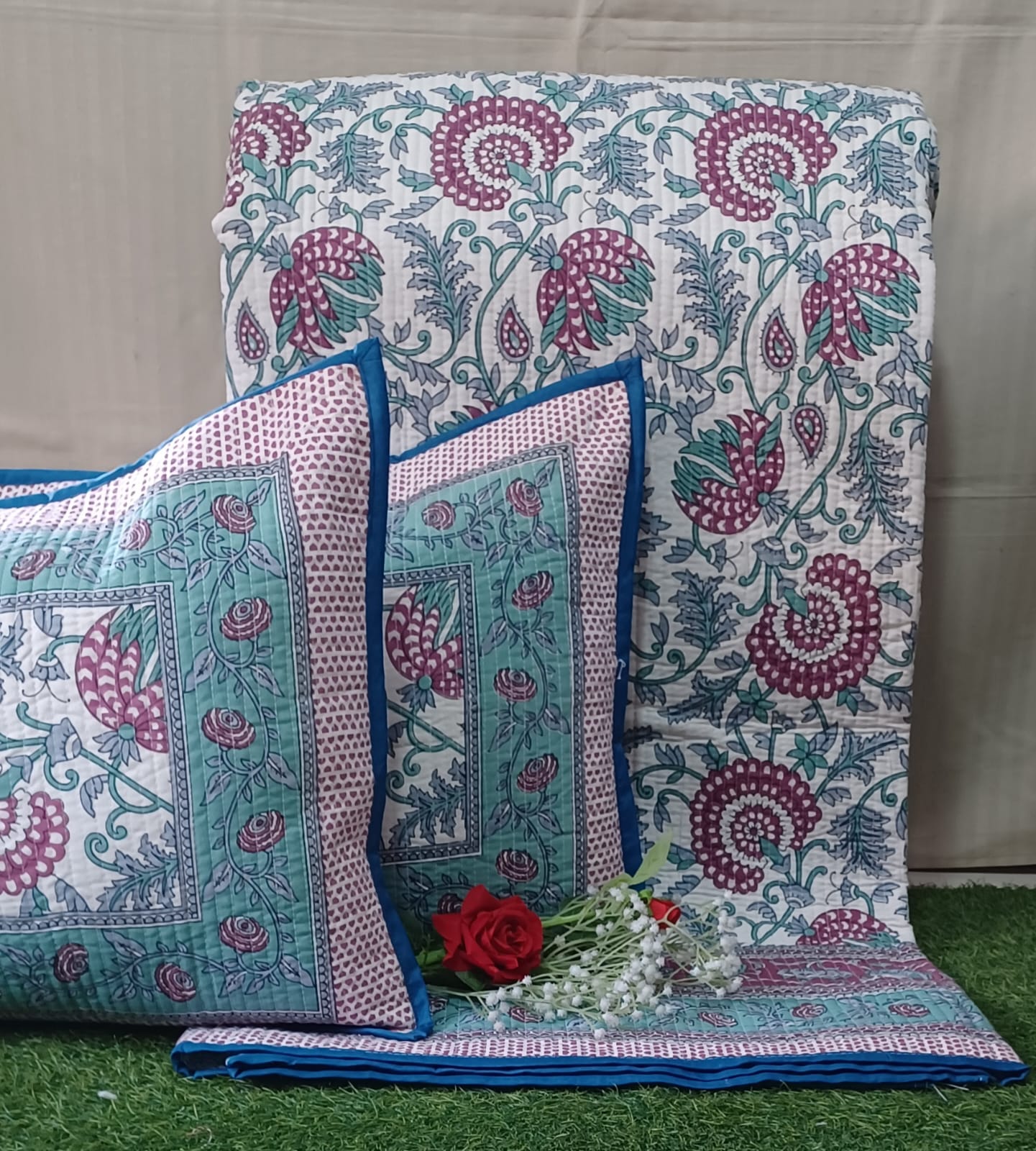 Pure cotton quilted bedcovers with two quilted pillow covers (90x108 inches)