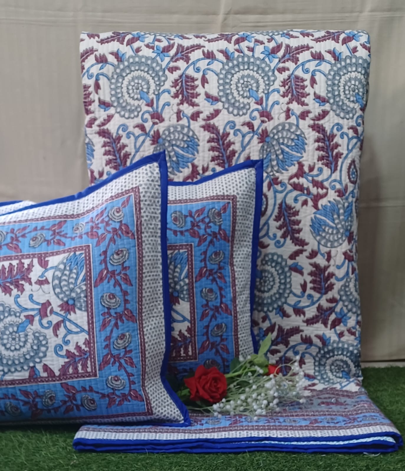 Pure cotton quilted bedcovers with two quilted pillow covers (90x108 inches)