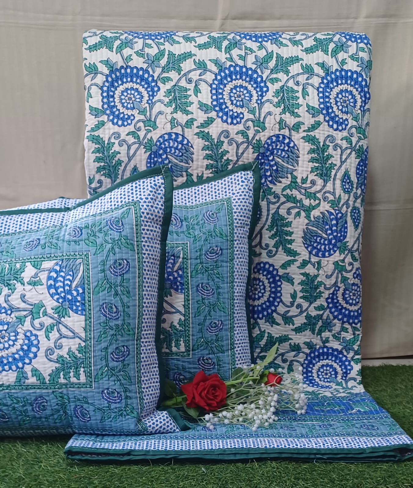 Pure cotton quilted bedcovers with two quilted pillow covers (90x108 inches)