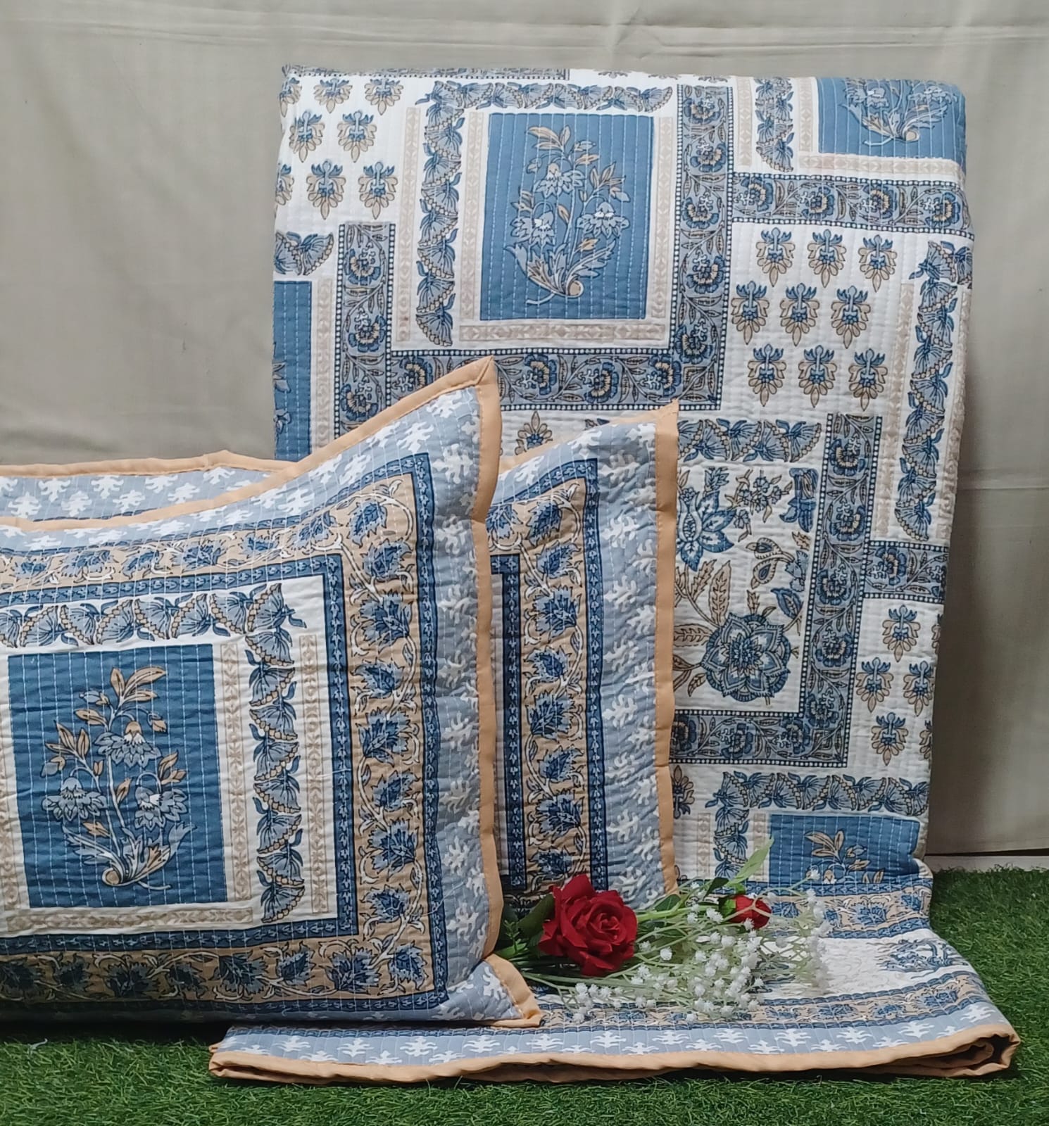 Pure cotton quilted bedcovers with two quilted pillow covers (90x108 inches)