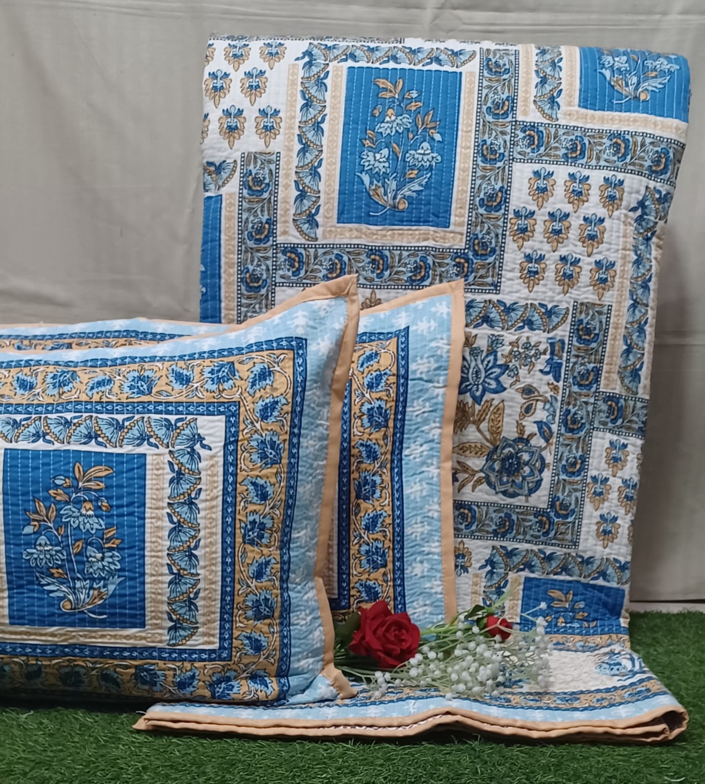 Pure cotton quilted bedcovers with two quilted pillow covers (90x108 inches)