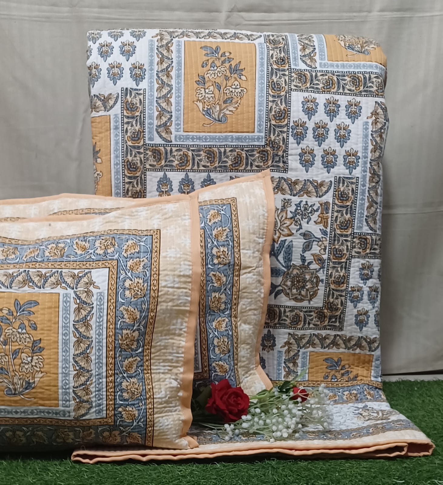 Pure cotton quilted bedcovers with two quilted pillow covers (90x108 inches)