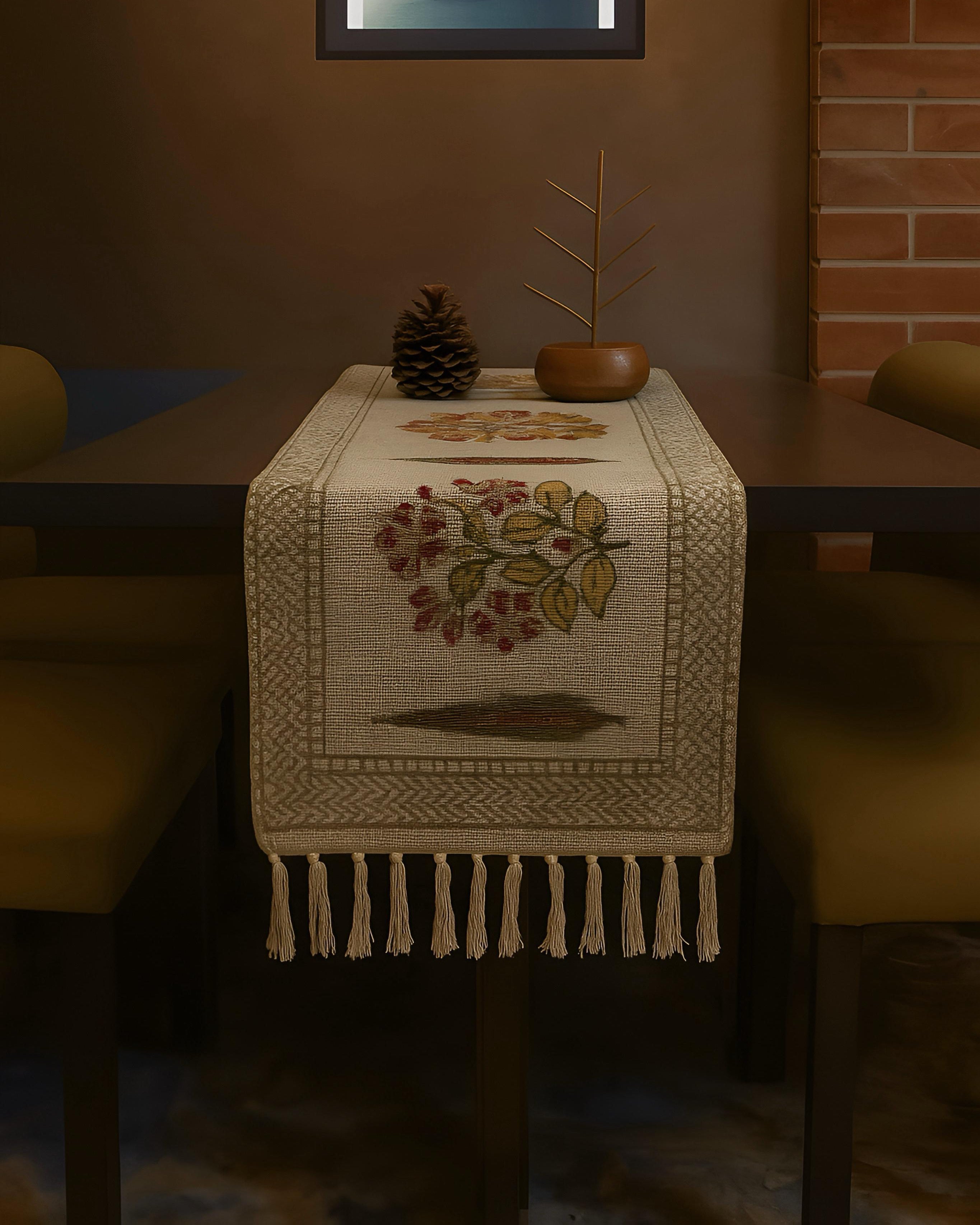 Hand block printed pure TNT cotton (Jute textured) table runners with tassels for 4and 6 seater dining table