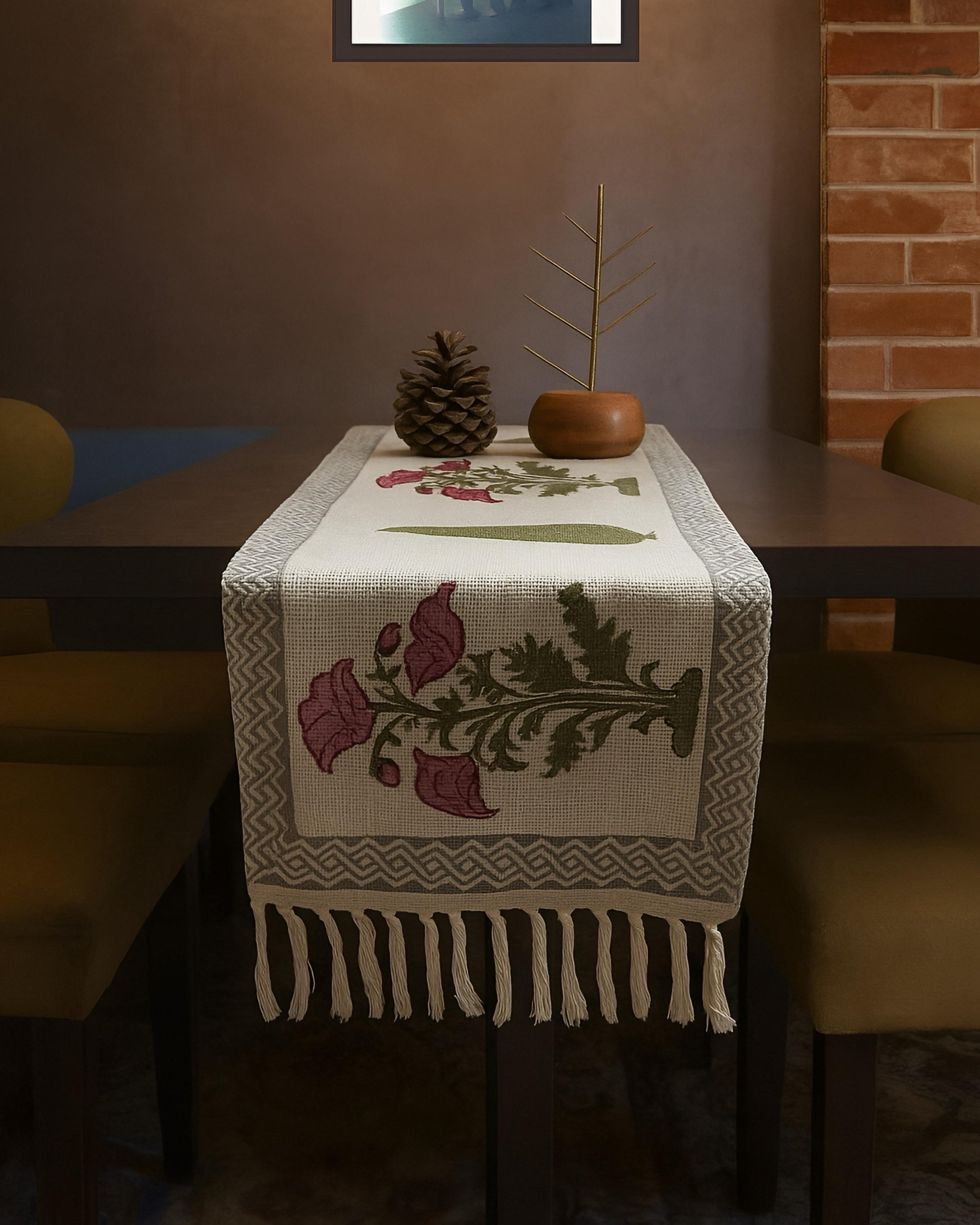 Hand block printed pure TNT cotton (Jute textured) table runners with tassels for 4and 6 seater dining table