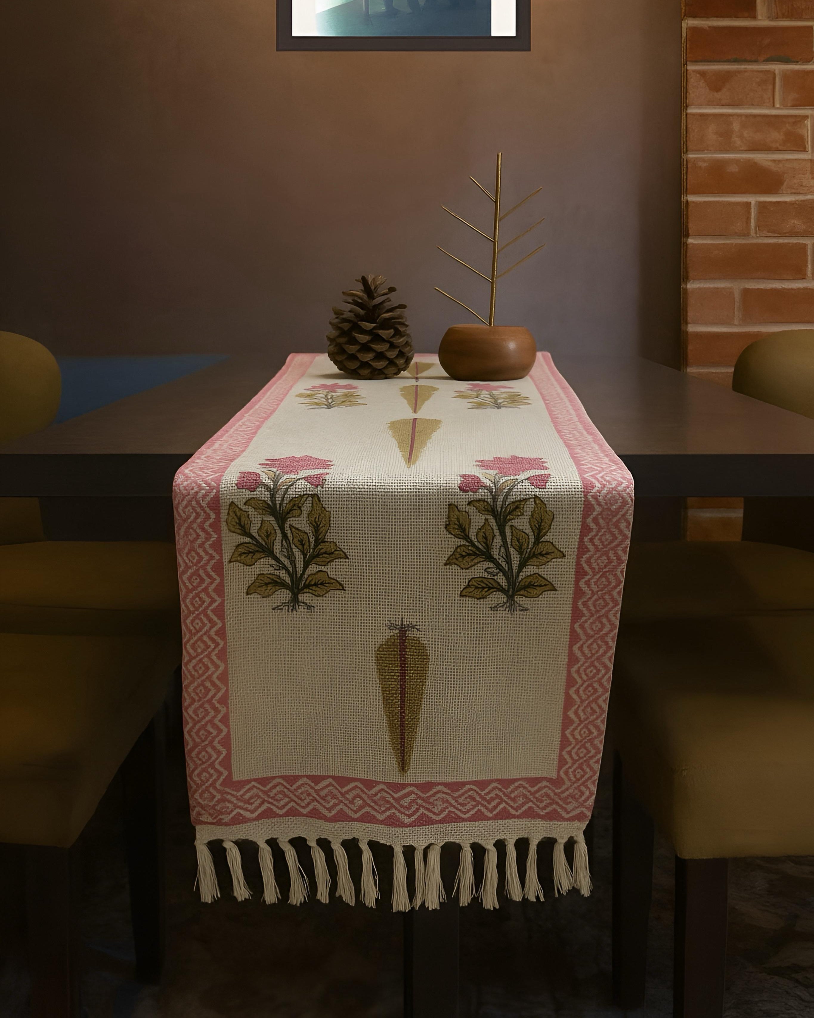 Hand block printed pure TNT cotton (Jute textured) table runners with tassels for 4and 6 seater dining table