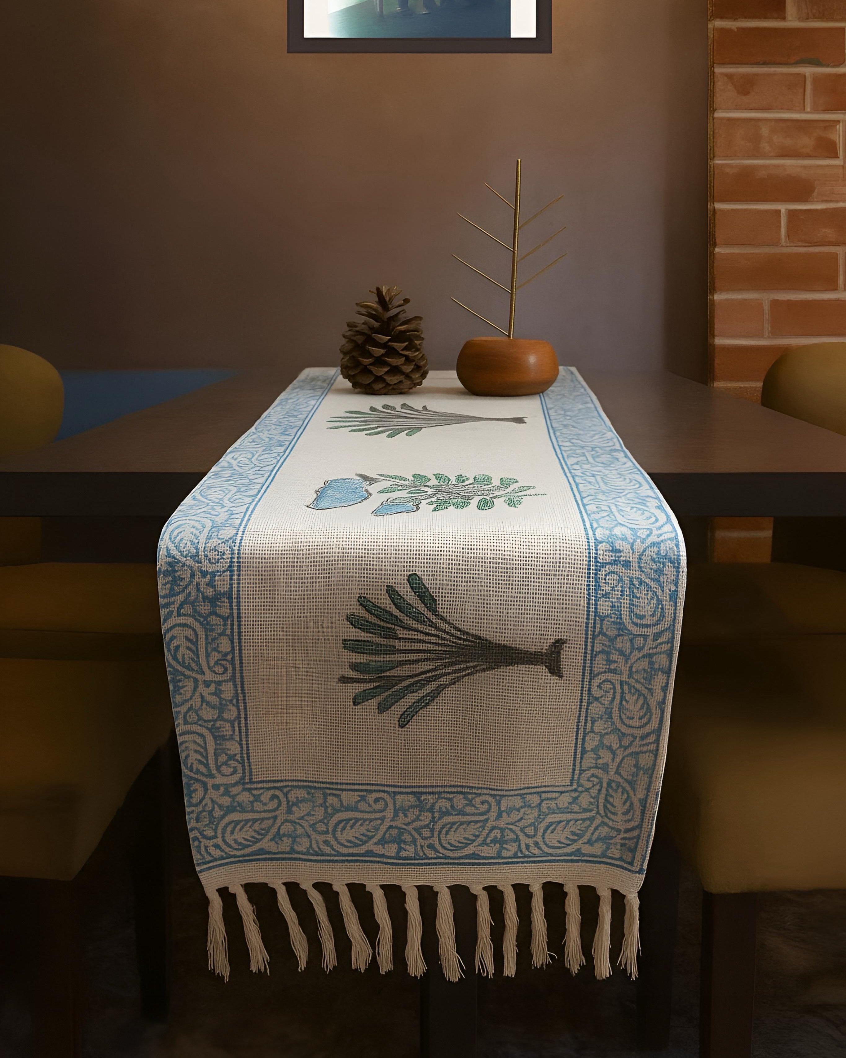 Hand block printed pure TNT cotton (Jute textured) table runners with tassels for 4and 6 seater dining table