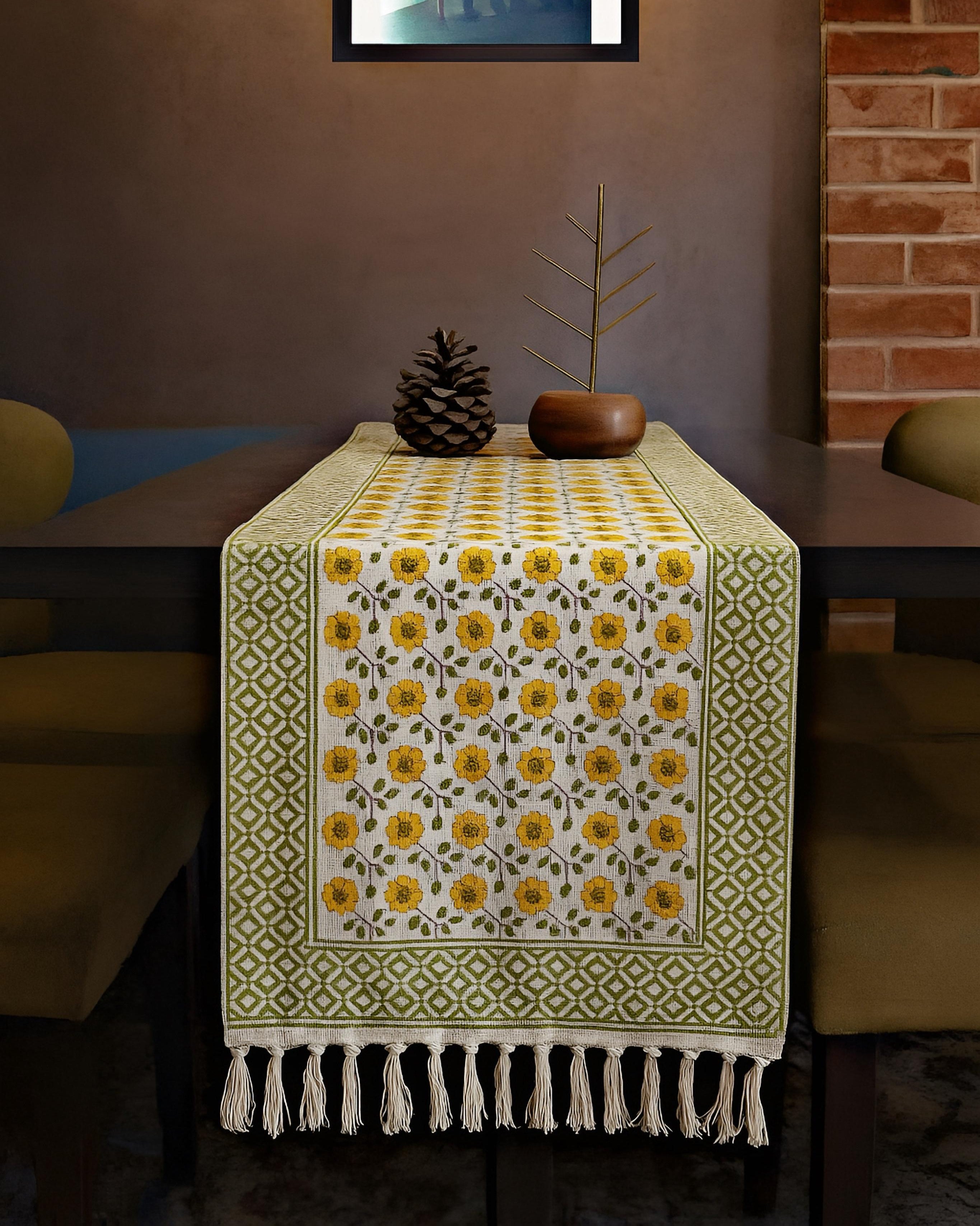 Hand block printed pure TNT cotton (Jute textured) table runners with tassels for 4and 6 seater dining table