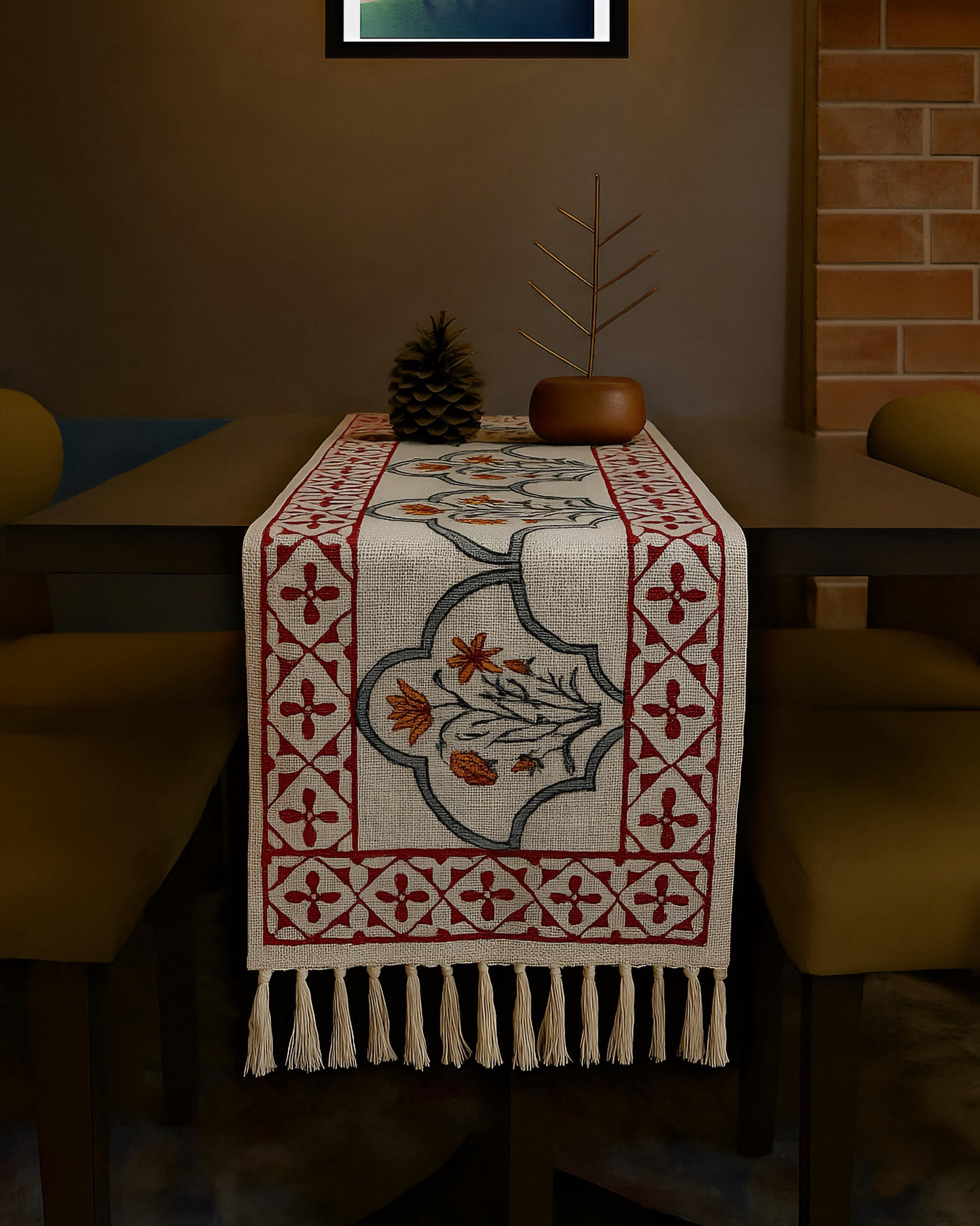 Hand block printed pure TNT cotton (Jute textured) table runners with tassels for 4and 6 seater dining table