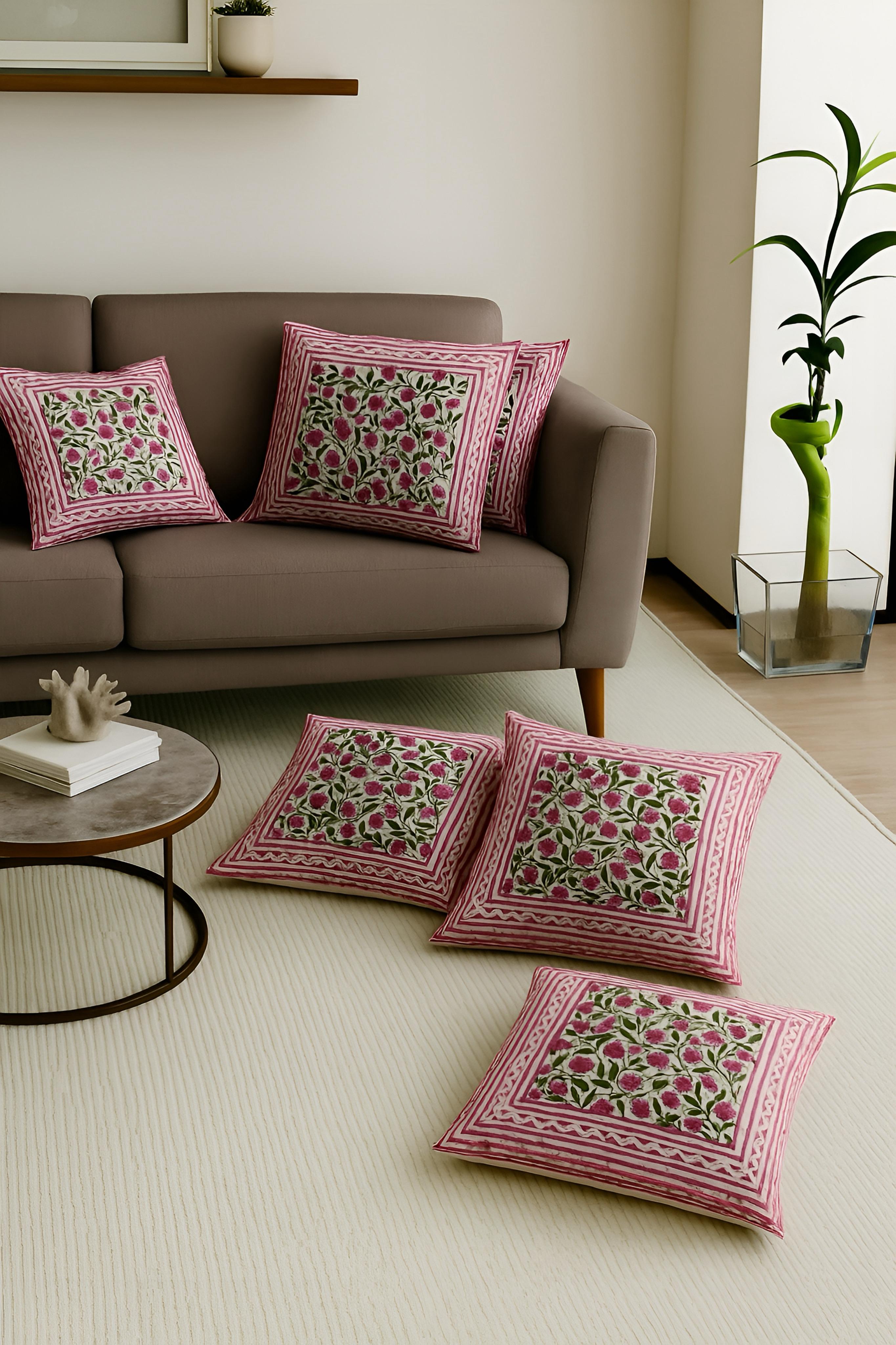 Pure cotton hand-block printed set of 5 cushion covers (16x16 inches)