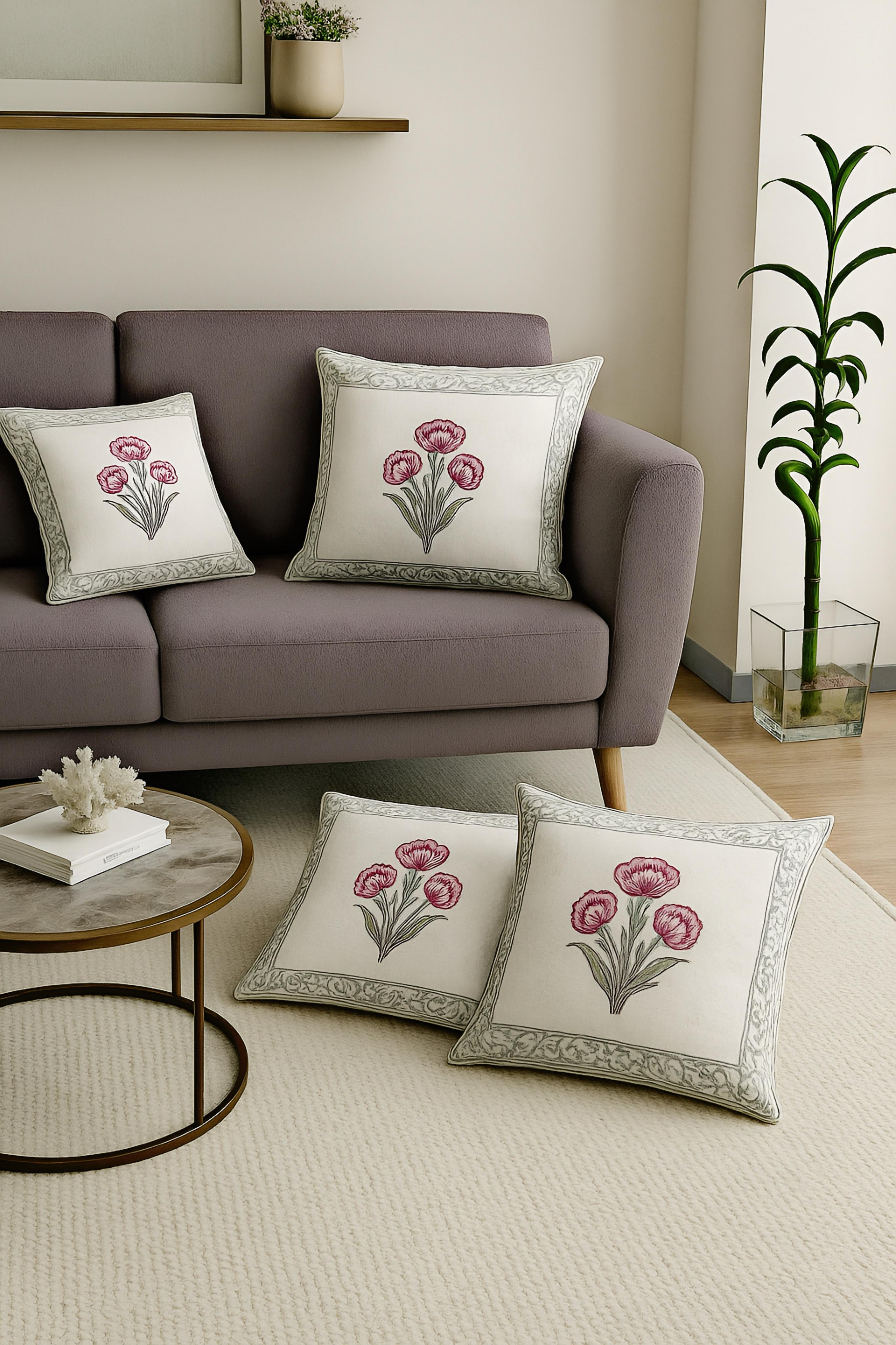 Pure cotton hand-block printed set of 5 cushion covers (16x16 inches)