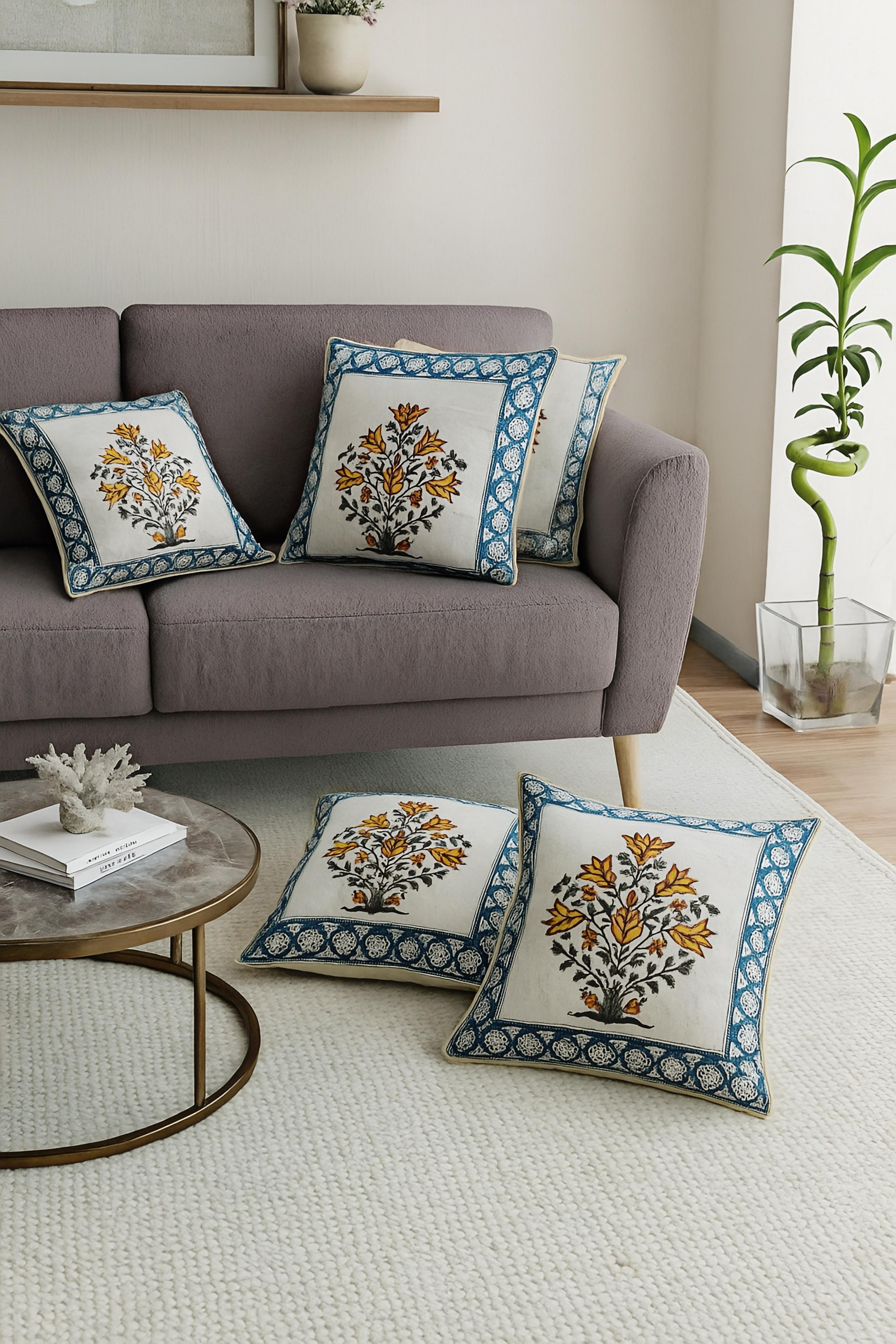 Pure cotton hand-block printed set of 5 cushion covers (16x16 inches)