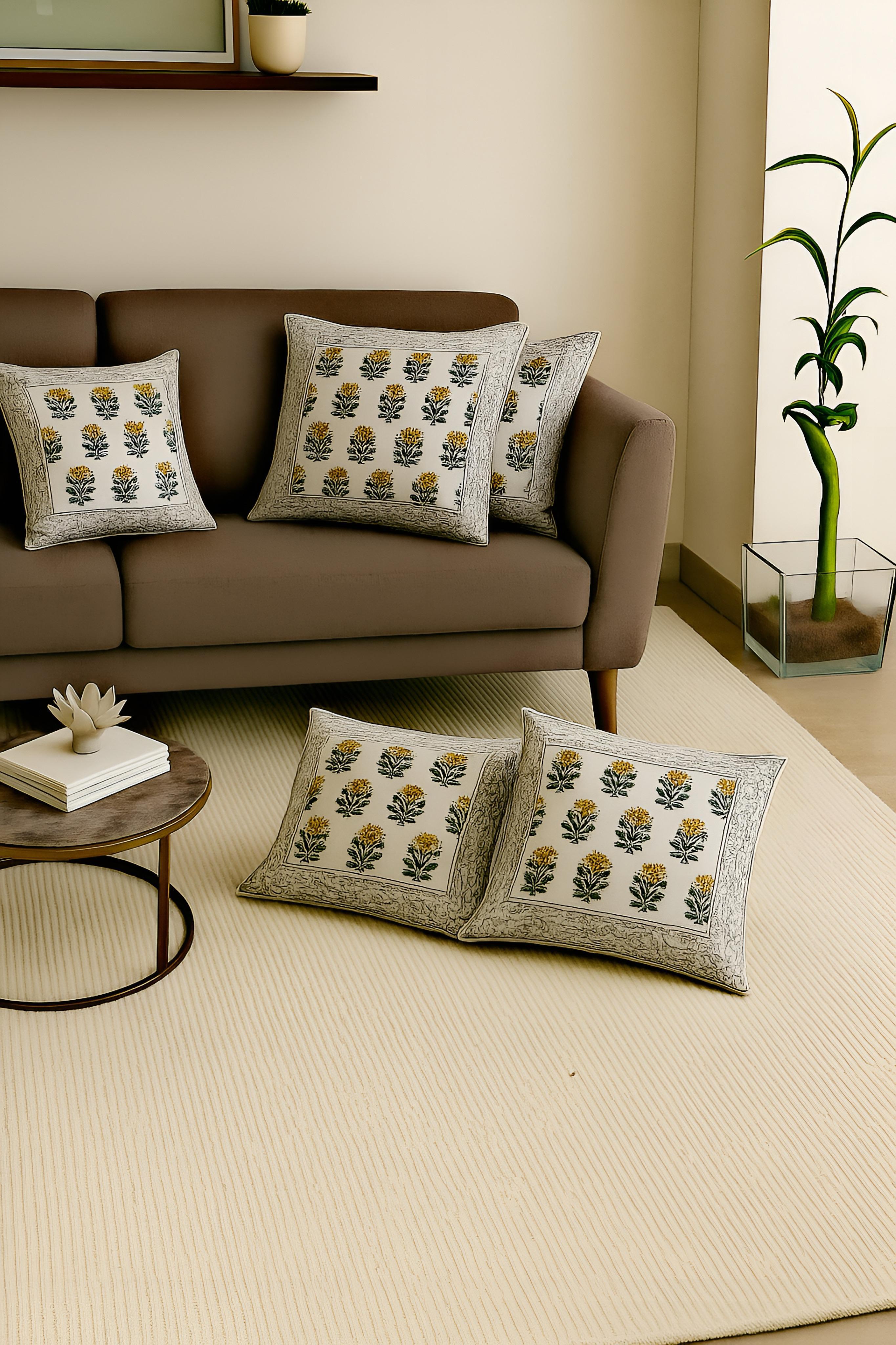 Pure cotton hand-block printed set of 5 cushion covers (16x16 inches)