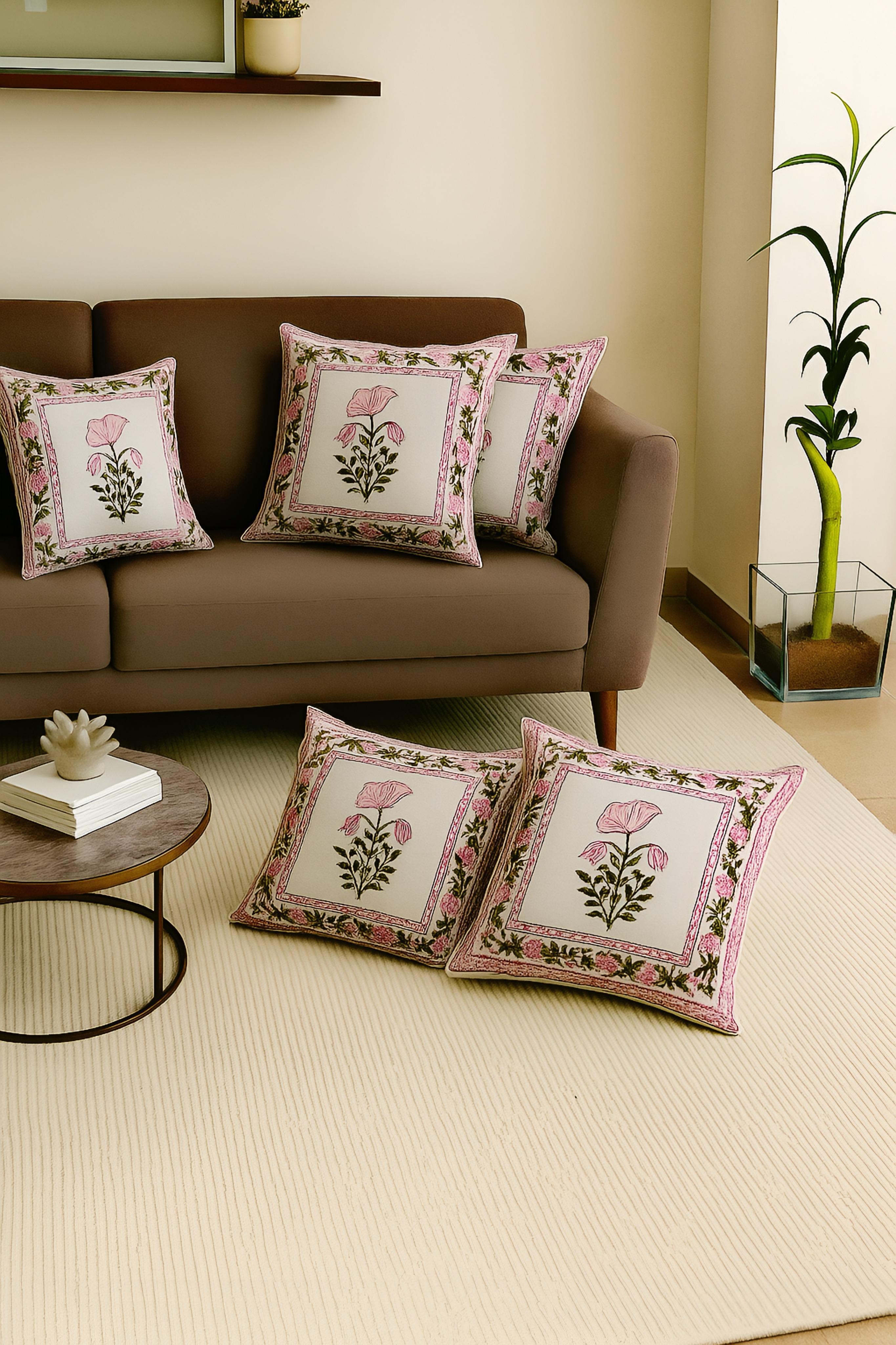 Pure cotton hand-block printed set of 5 cushion covers (16x16 inches)