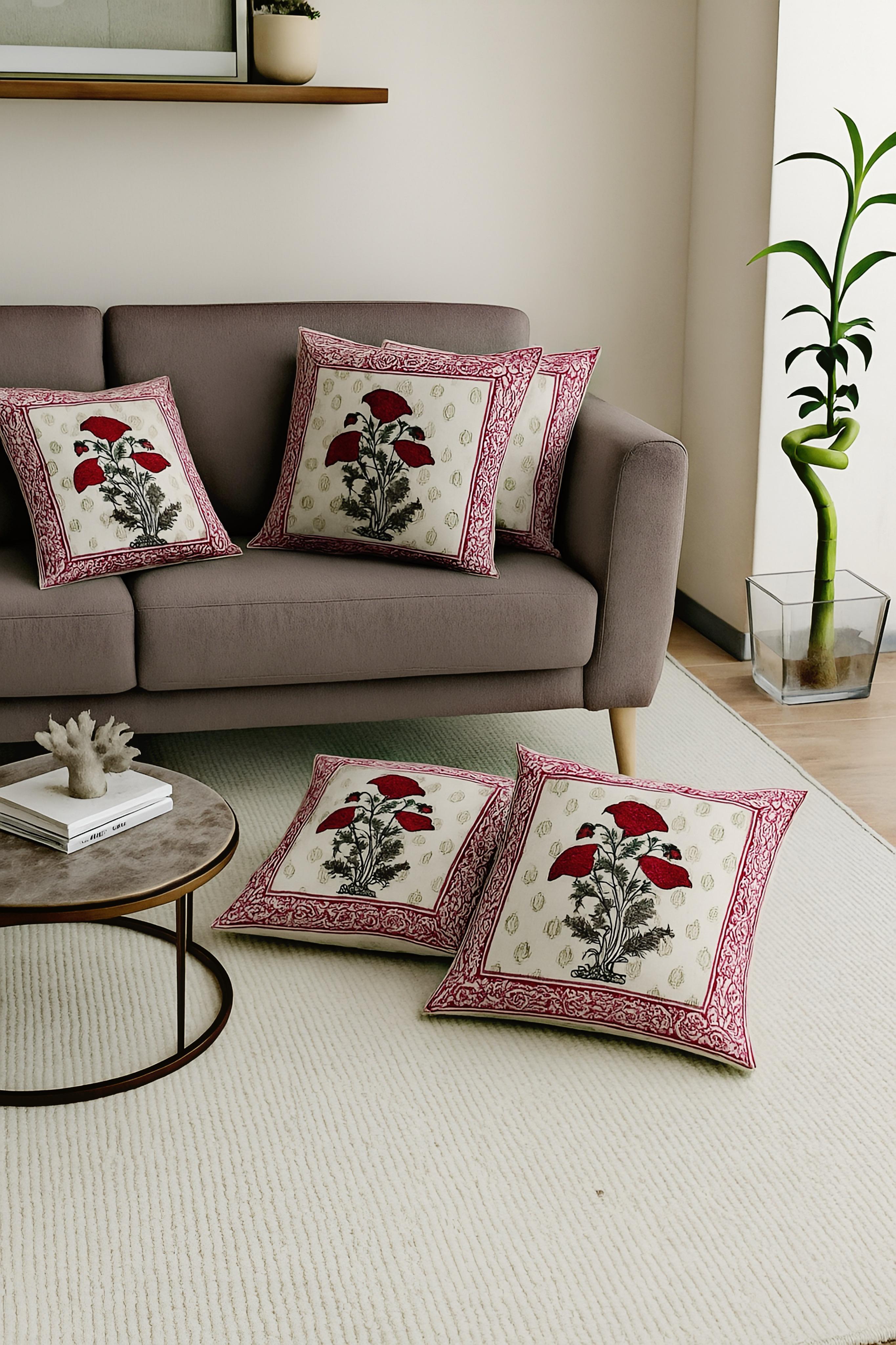 Pure cotton hand-block printed set of 5 cushion covers (16x16 inches)