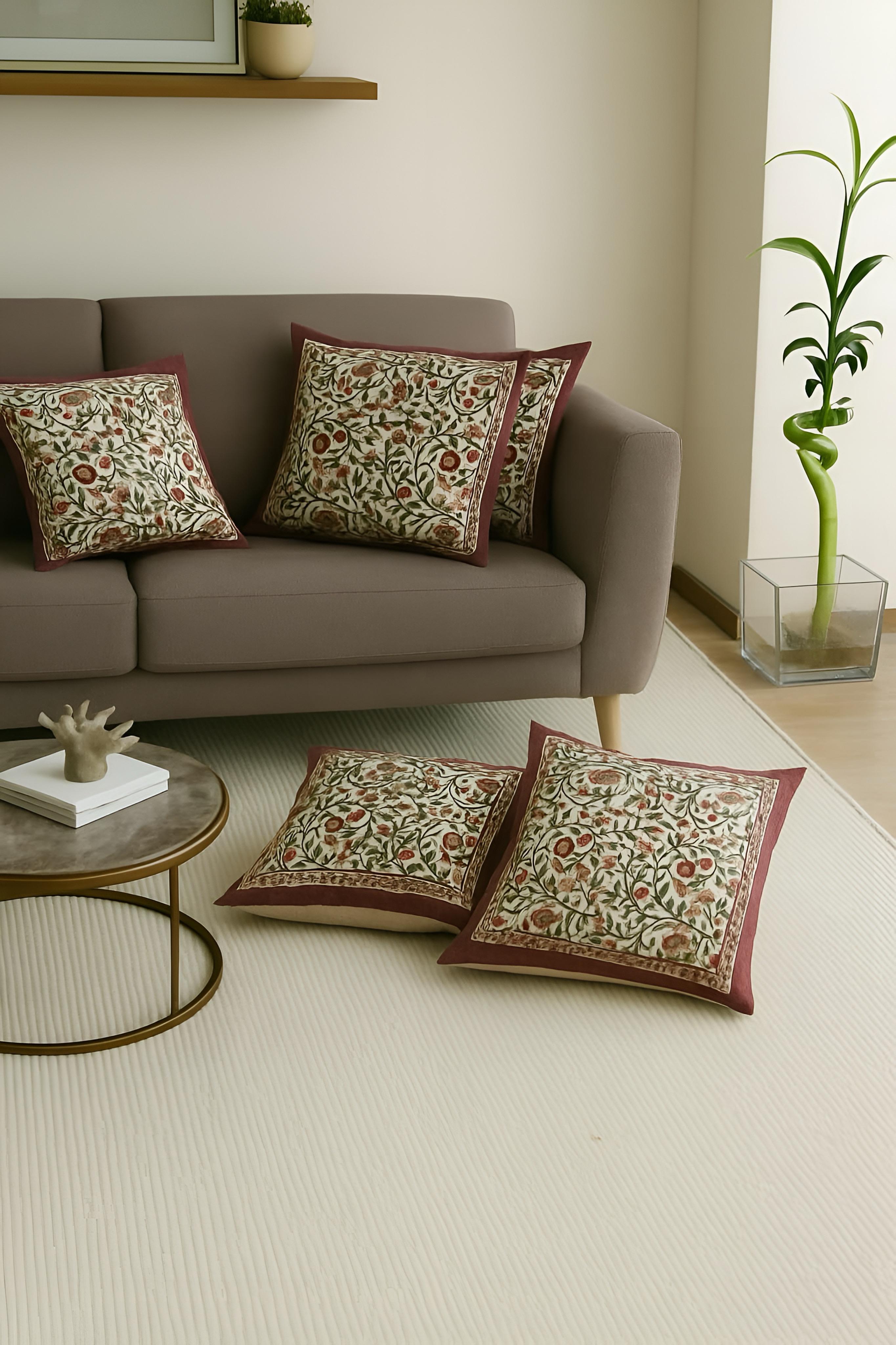 Pure cotton hand-block printed set of 5 cushion covers (16x16 inches)