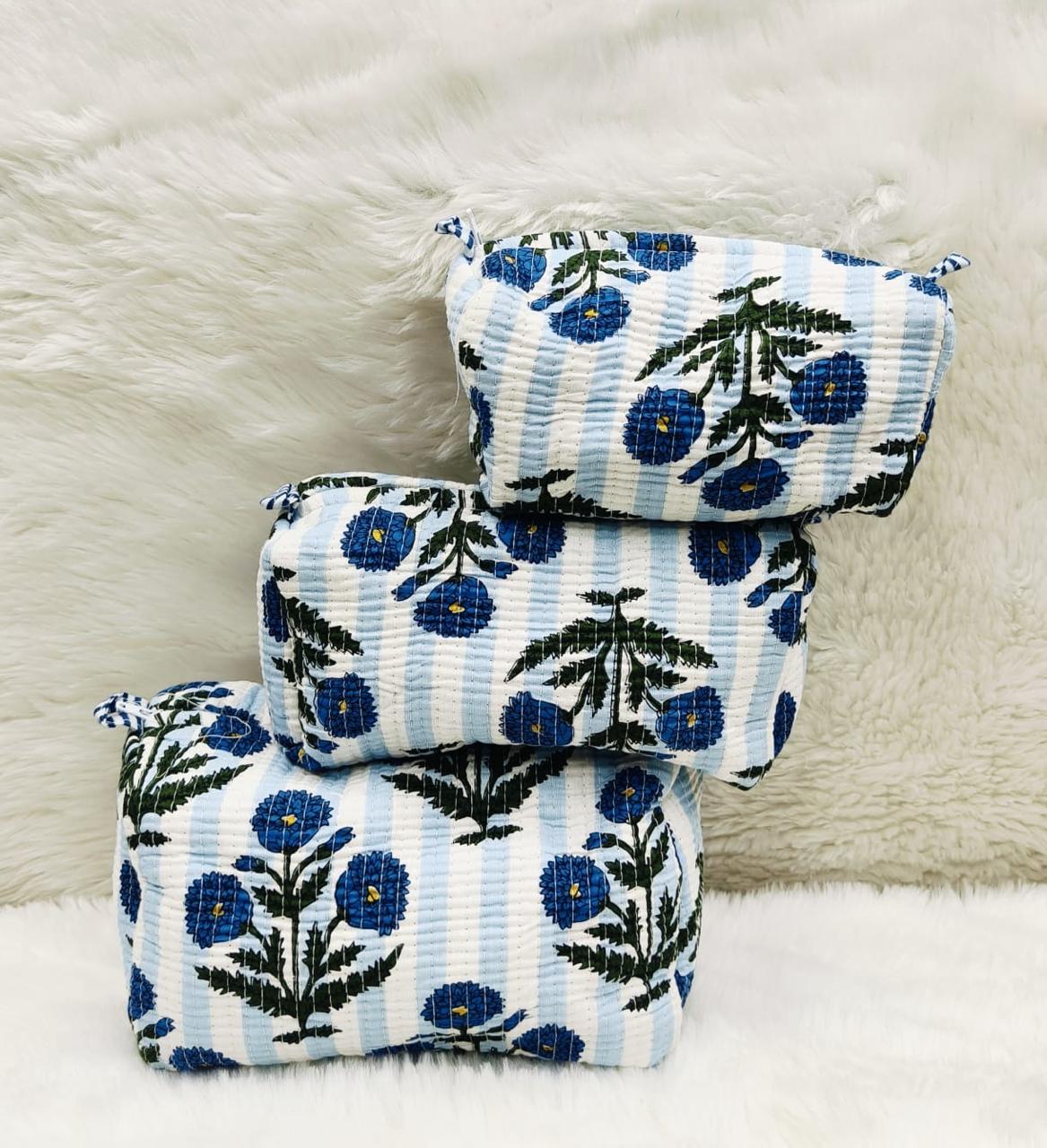 Pure cotton quilted travel / utility pouches (set of 3)