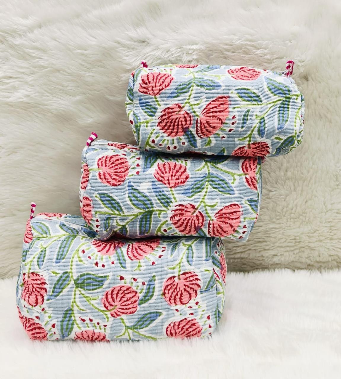 Pure cotton quilted travel / utility pouches (set of 3)