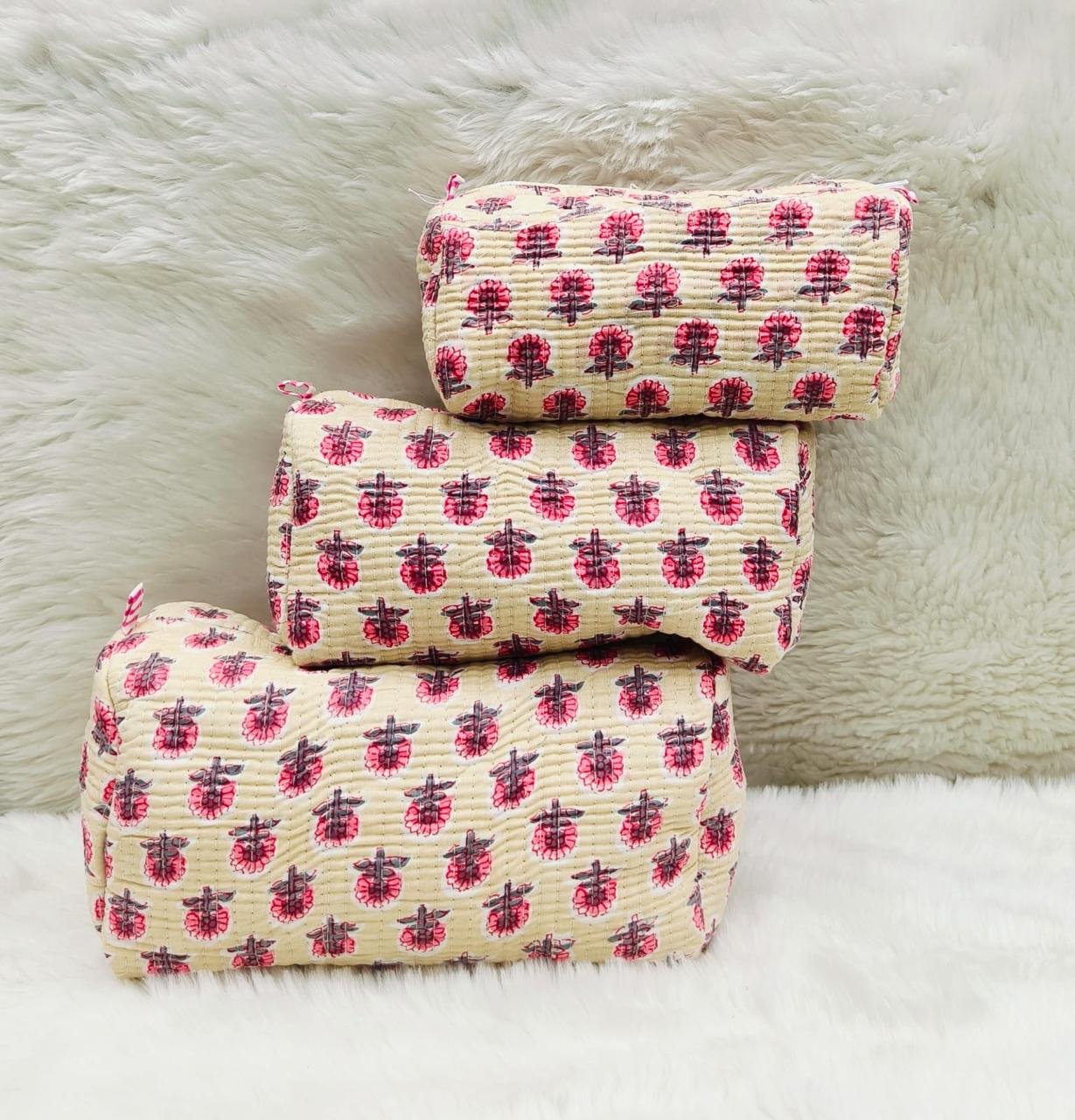 Pure cotton quilted travel / utility pouches (set of 3)