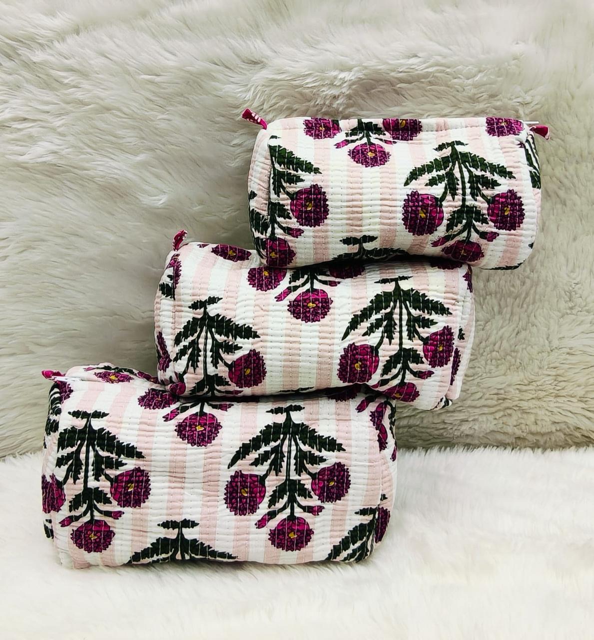 Pure cotton quilted travel / utility pouches (set of 3)