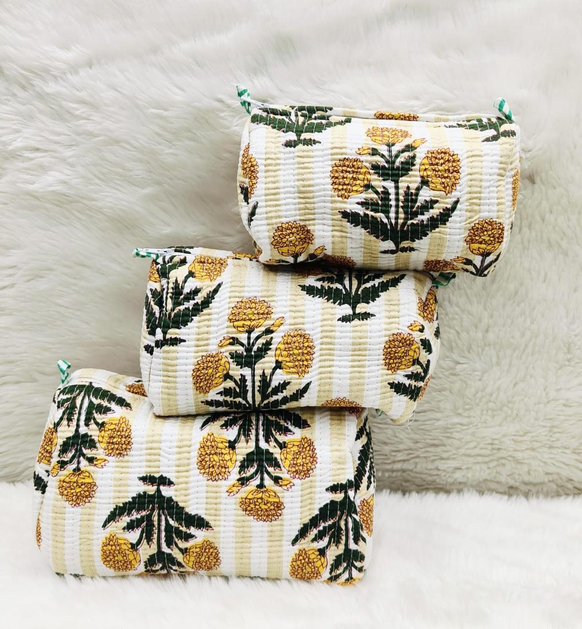 Pure cotton quilted travel / utility pouches (set of 3)