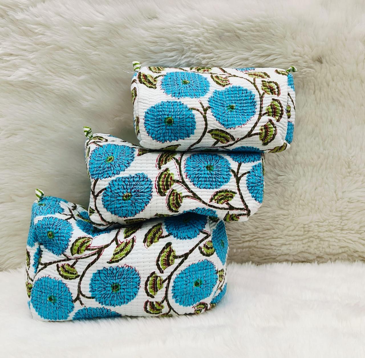 Pure cotton quilted travel / utility pouches (set of 3)