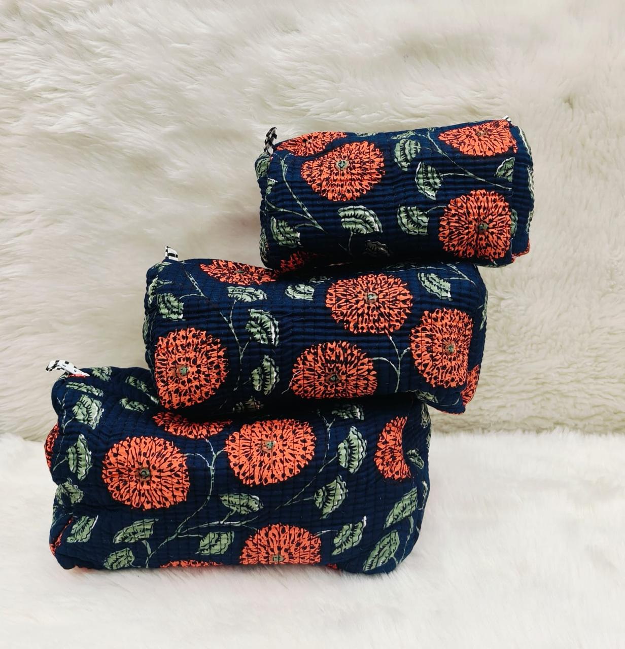 Pure cotton quilted travel / utility pouches (set of 3)