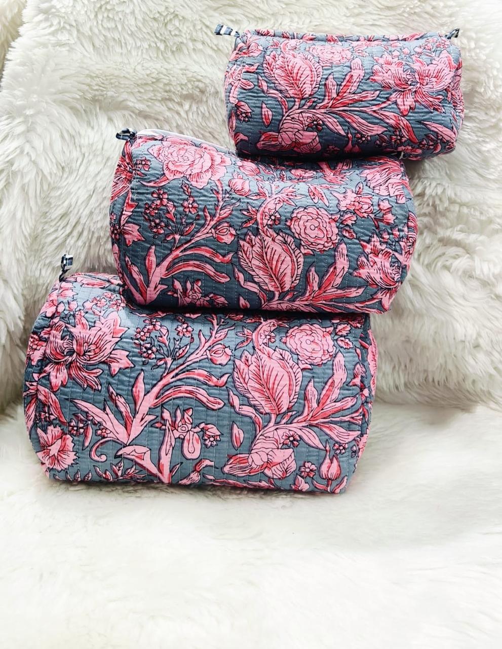 Pure cotton quilted travel / utility pouches (set of 3)