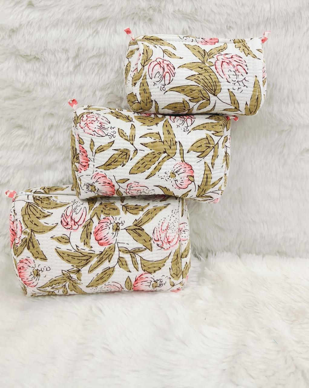 Pure cotton quilted travel / utility pouches (set of 3)