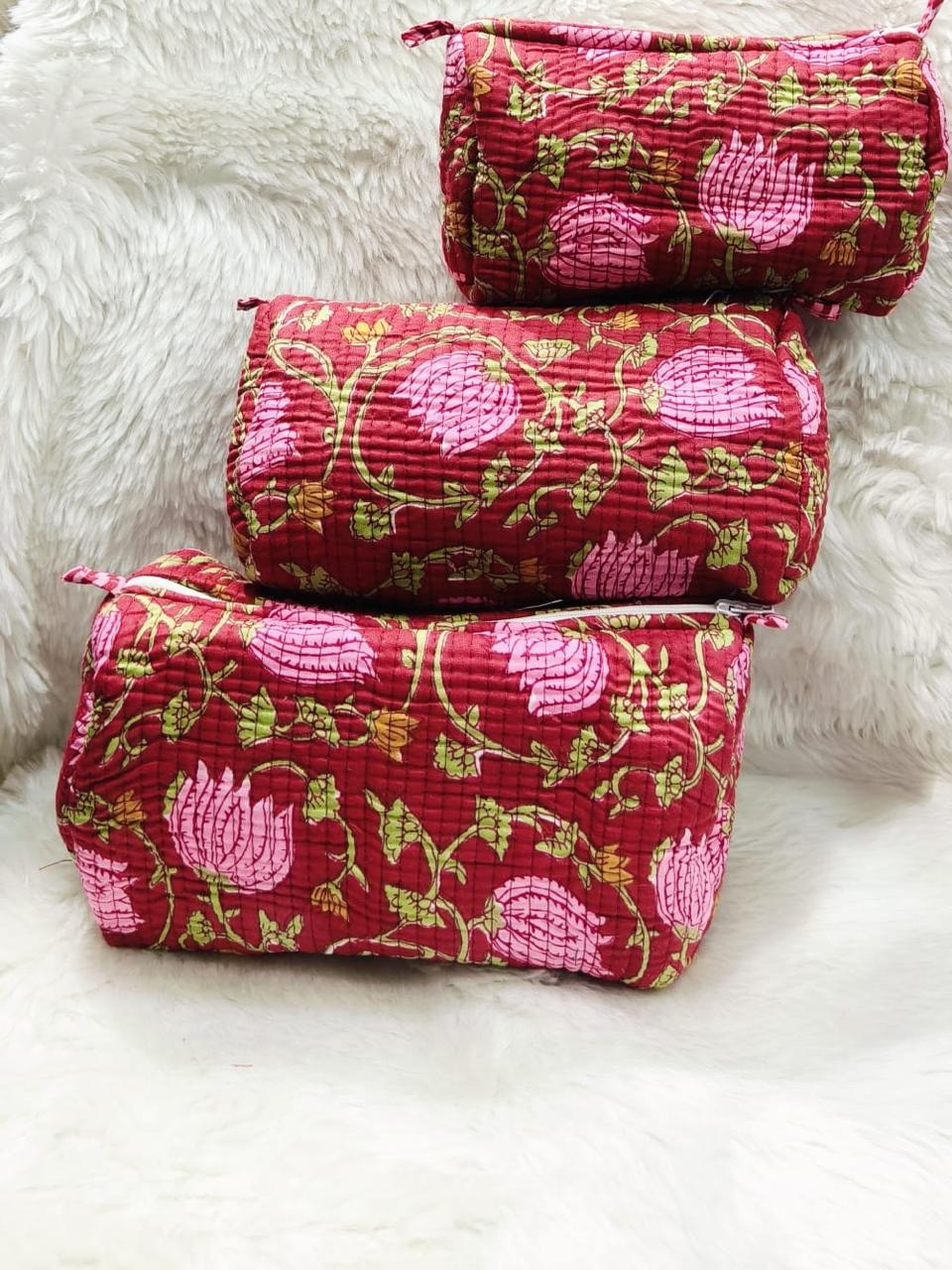 Pure cotton quilted travel / utility pouches (set of 3)