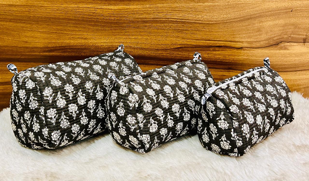 Pure cotton quilted travel / utility pouches (set of 3)