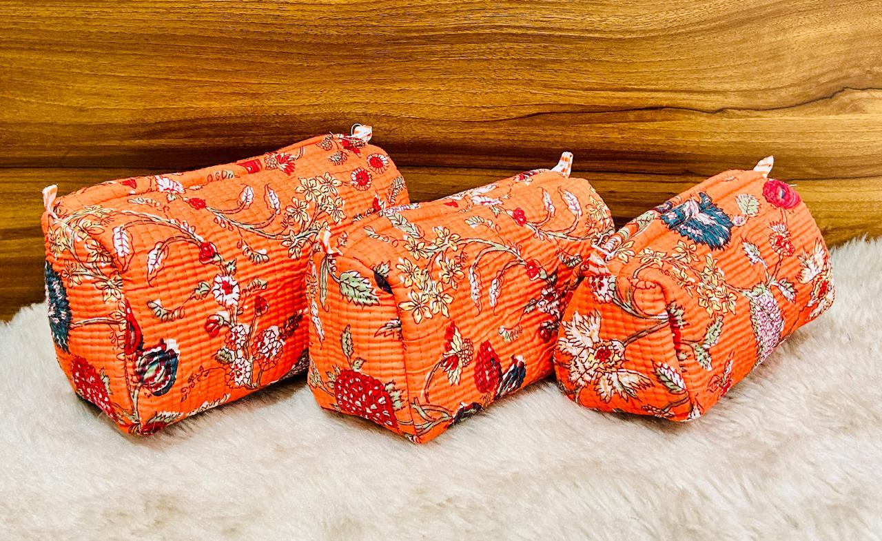 Pure cotton quilted travel / utility pouches (set of 3)