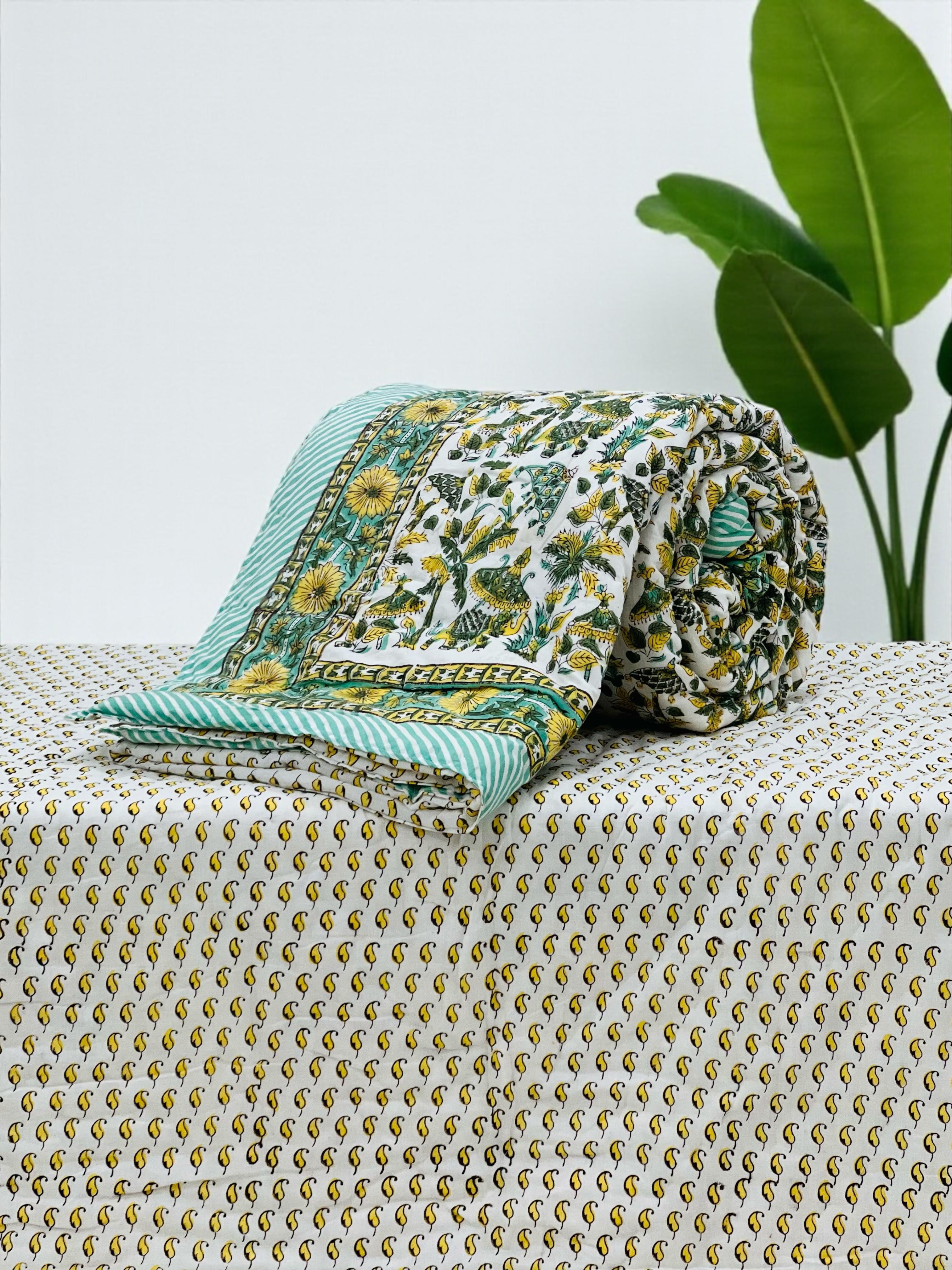 Pure mulmul cotton handblock printed single reversible quilt (razai 60x90 inches)