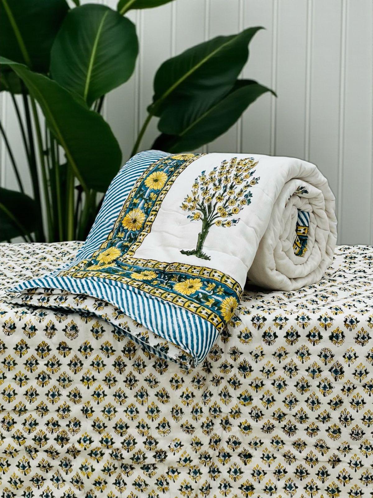 Pure mulmul cotton handblock printed single reversible quilt (razai 60x90 inches)