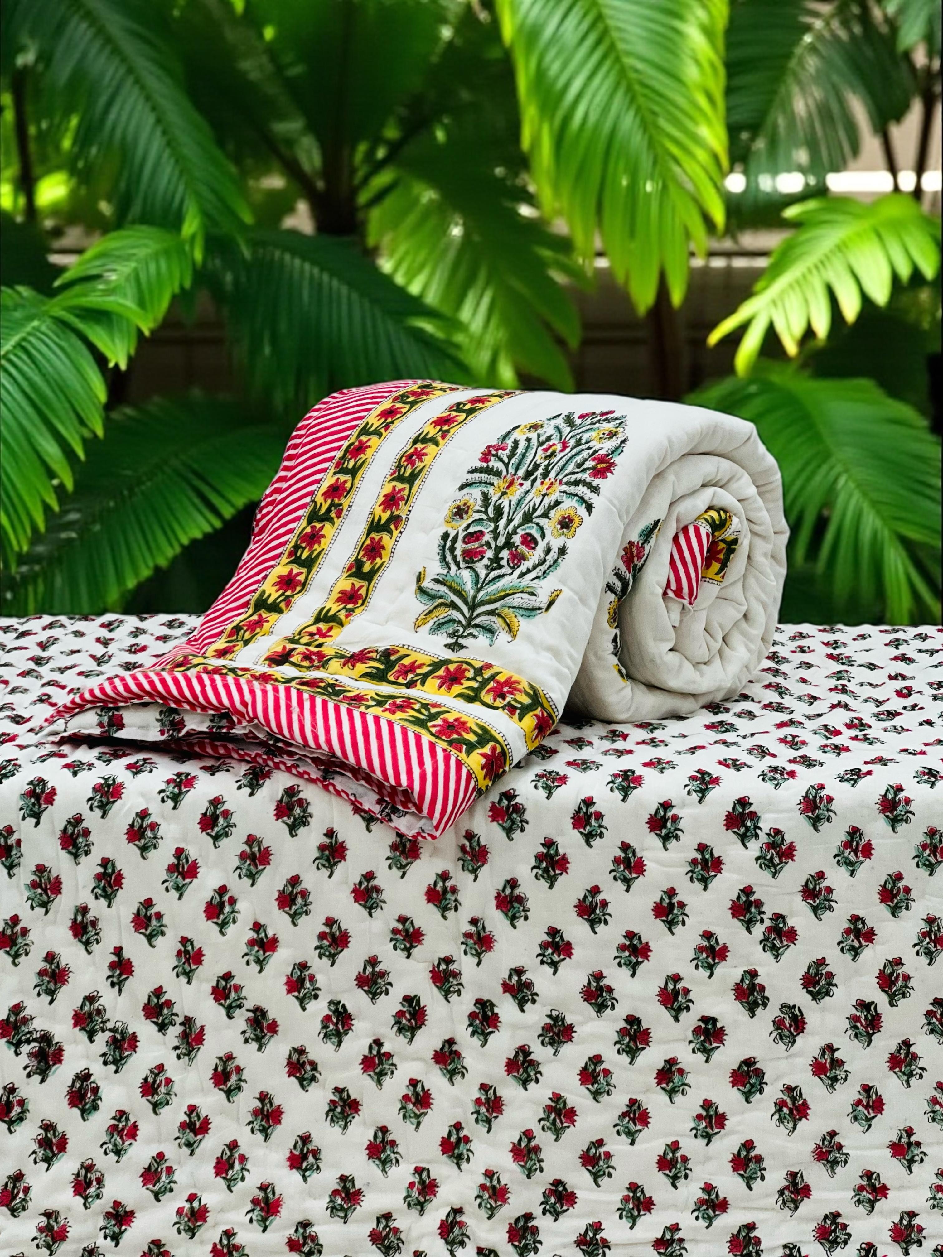 Pure mulmul cotton handblock printed single reversible quilt (razai 60x90 inches)