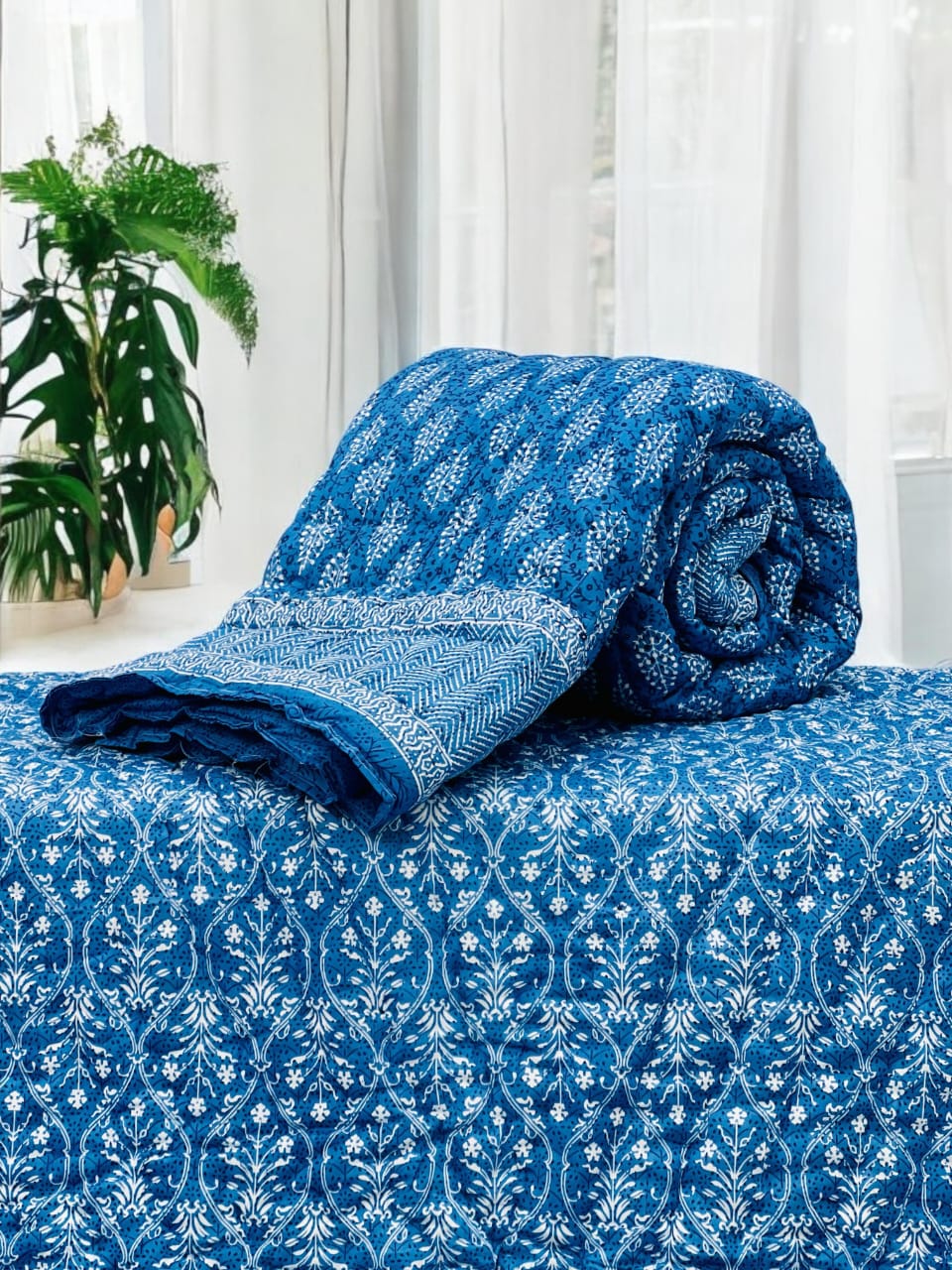 Pure mulmul cotton handblock printed single reversible quilt (razai 60x90 inches)