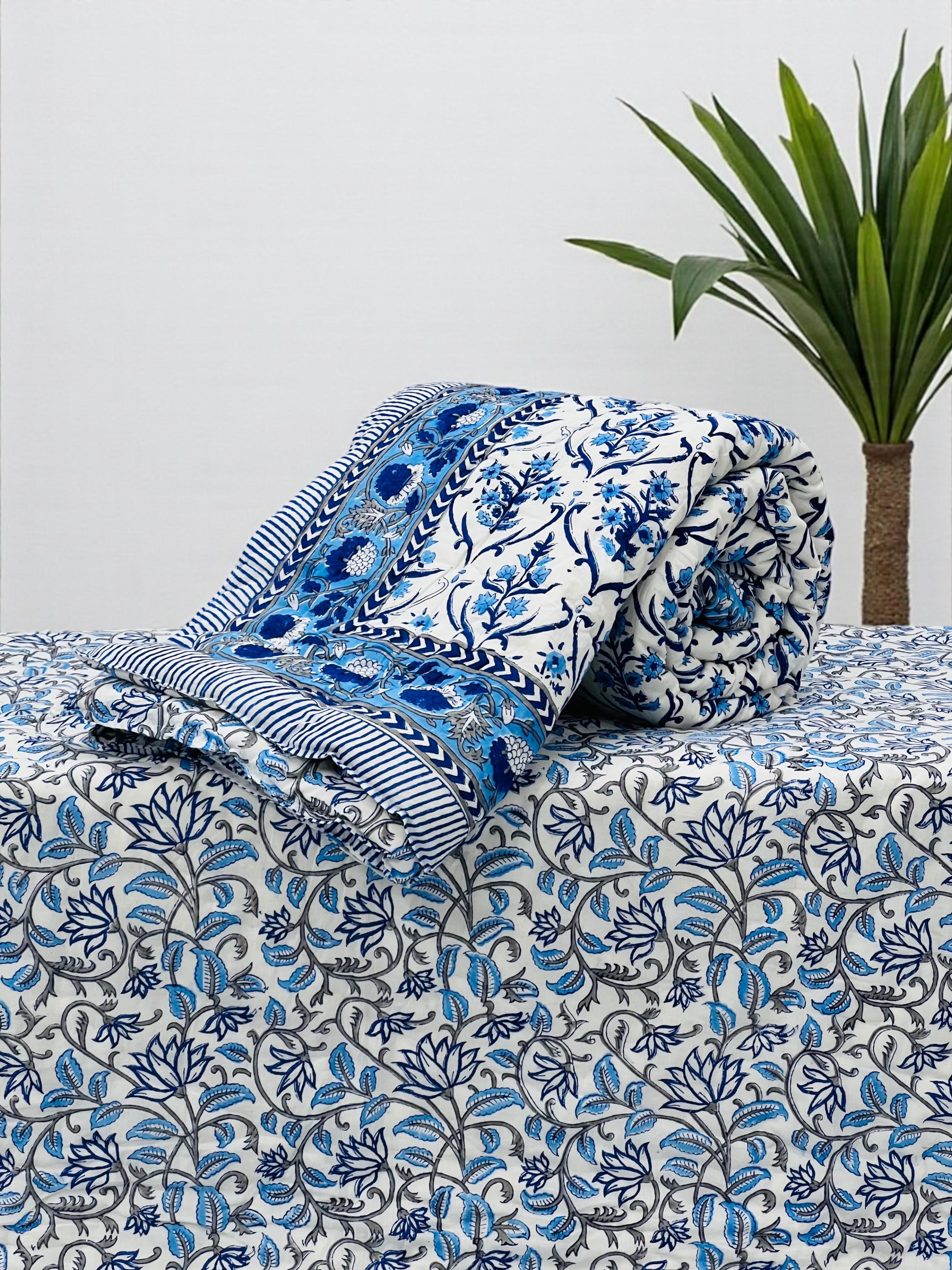 Pure mulmul cotton handblock printed single reversible quilt (razai 60x90 inches)