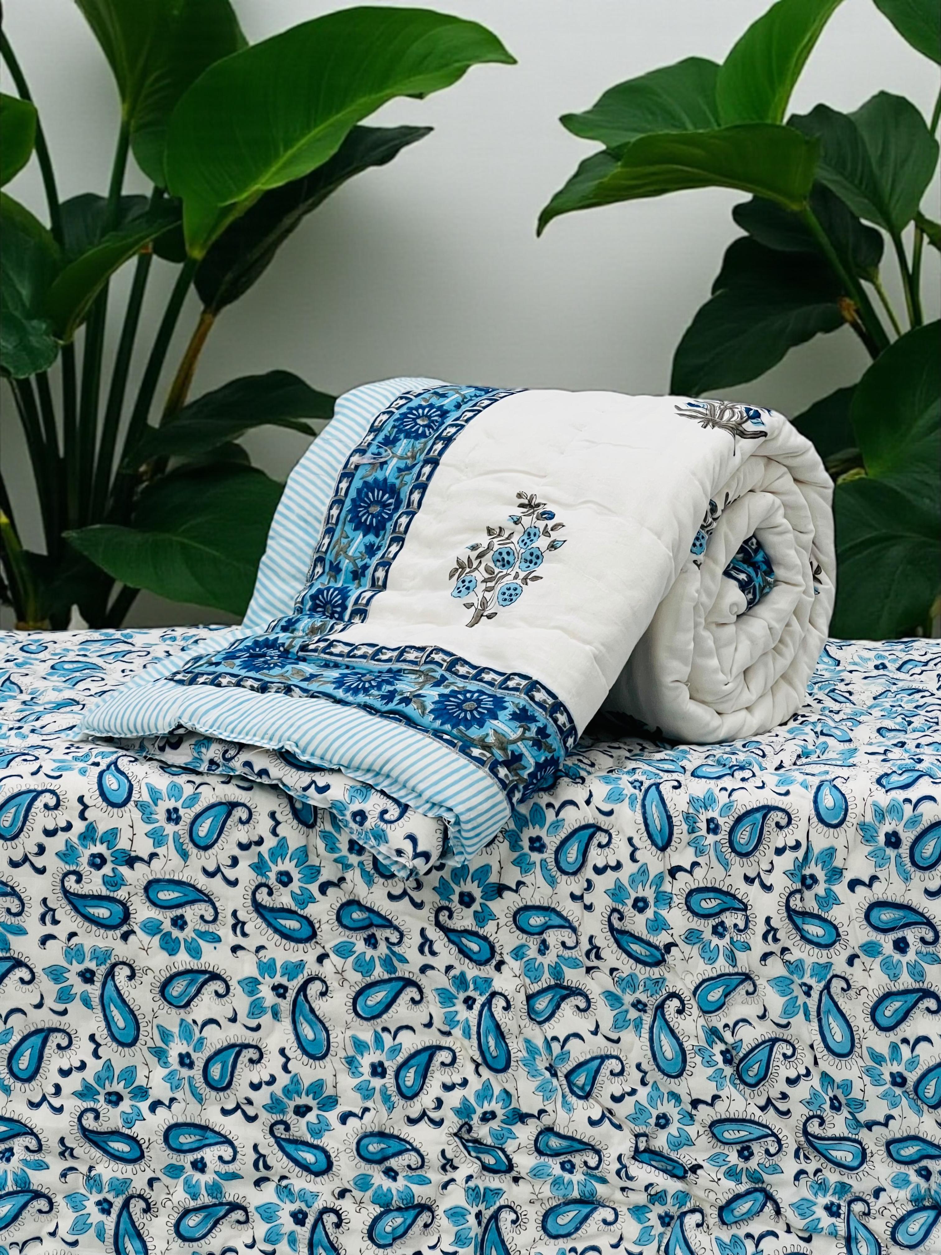 Pure mulmul cotton handblock printed single reversible quilt (razai 60x90 inches)