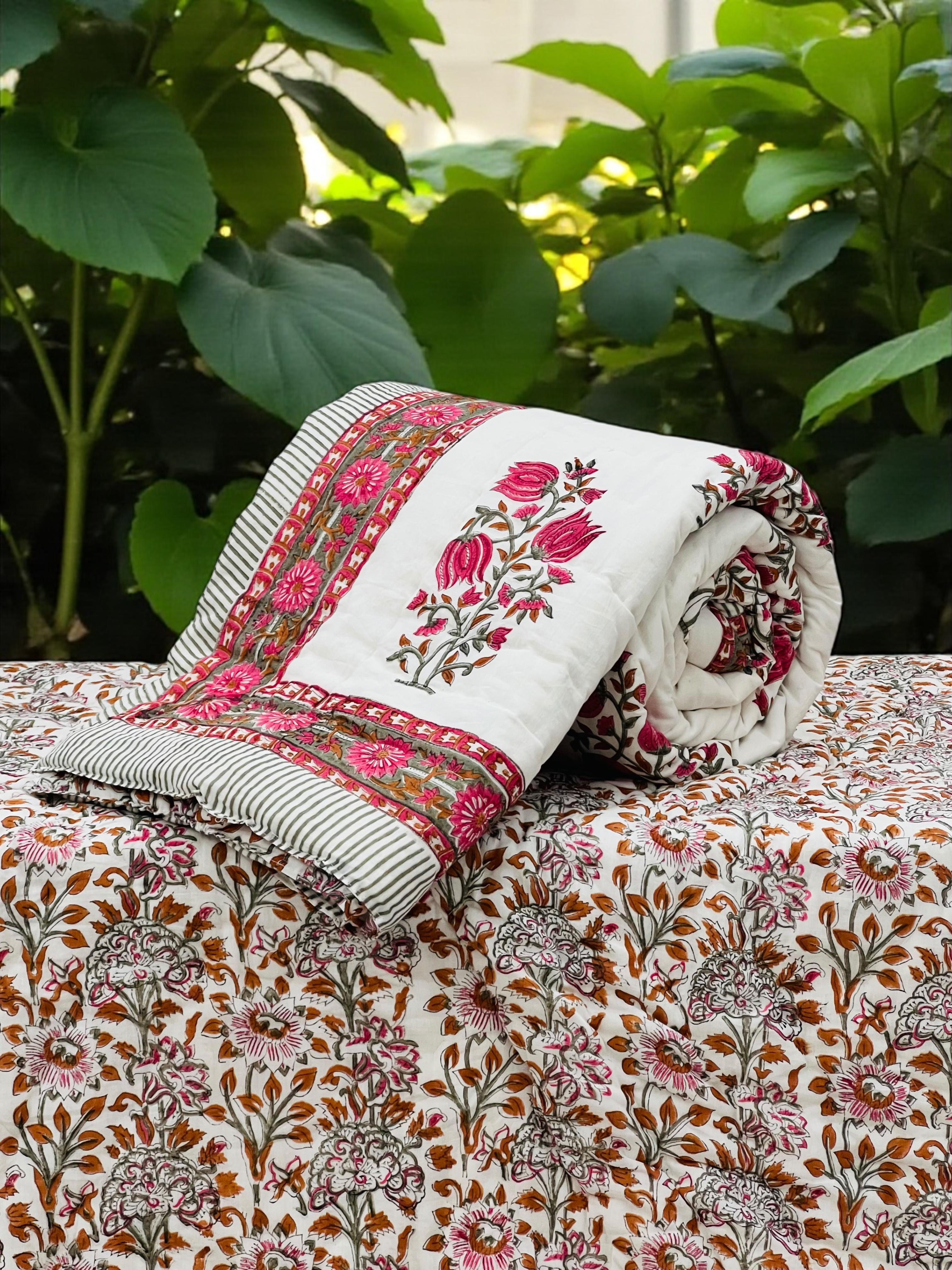 Pure mulmul cotton handblock printed single reversible quilt (razai 60x90 inches)
